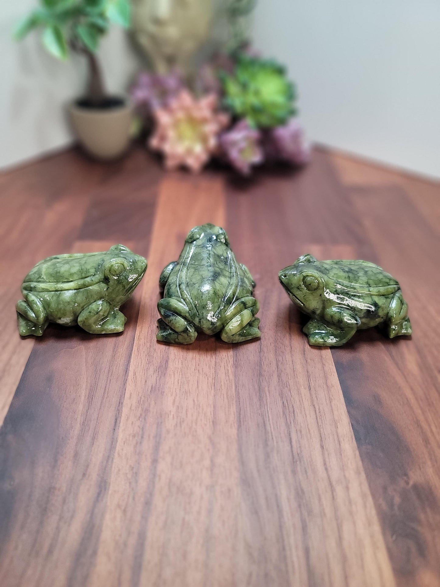 Green Jade Crystal Frog | Rainforest Amphibian Carving | 3 Inches | Deep Hunter and Sage Patterns | Toad Cottagecore | Intuitively Chosen