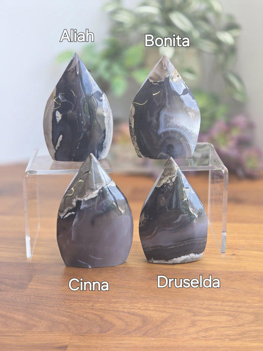 Crystal Volcanic Agate Teardrops. Super cool green UV Reaction under blacklight. Deep hazy smoke blue with a football type gray brown matrix. Cool gift for Dad's Office or Teen boy room.