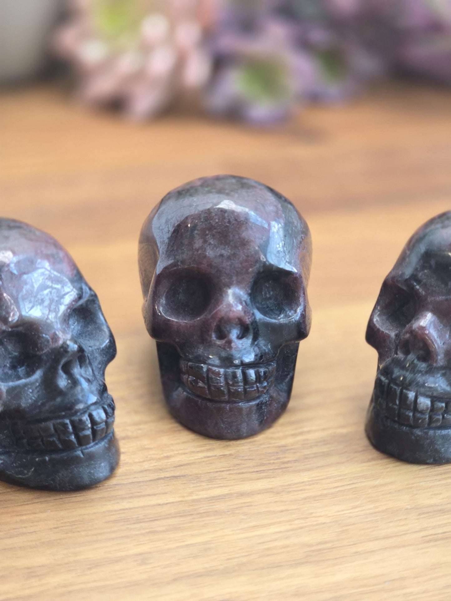 Fireworks Garnet Crystal Skull Carvings | 2" | Deep Crimson Plums | Flashy Black Astrophyllite | Arfvedsonite Stone | Spooky Halloween Decor