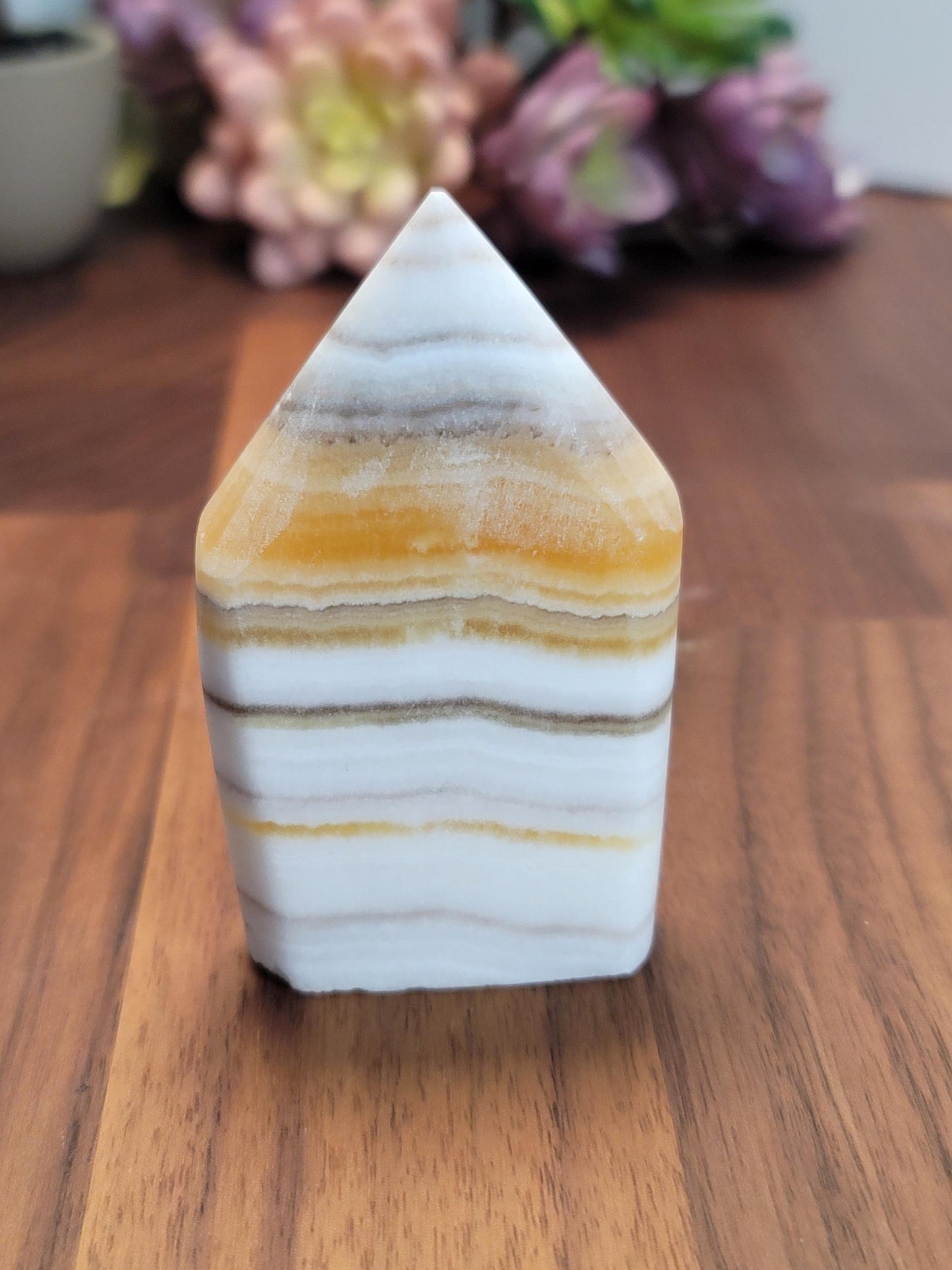 Candy Corn Crystal | Little Luna | Yellow Banded Calcite Freeform | White Banded Flame | 3.25" | Orange Crystal Point | Fall & Winter Decor