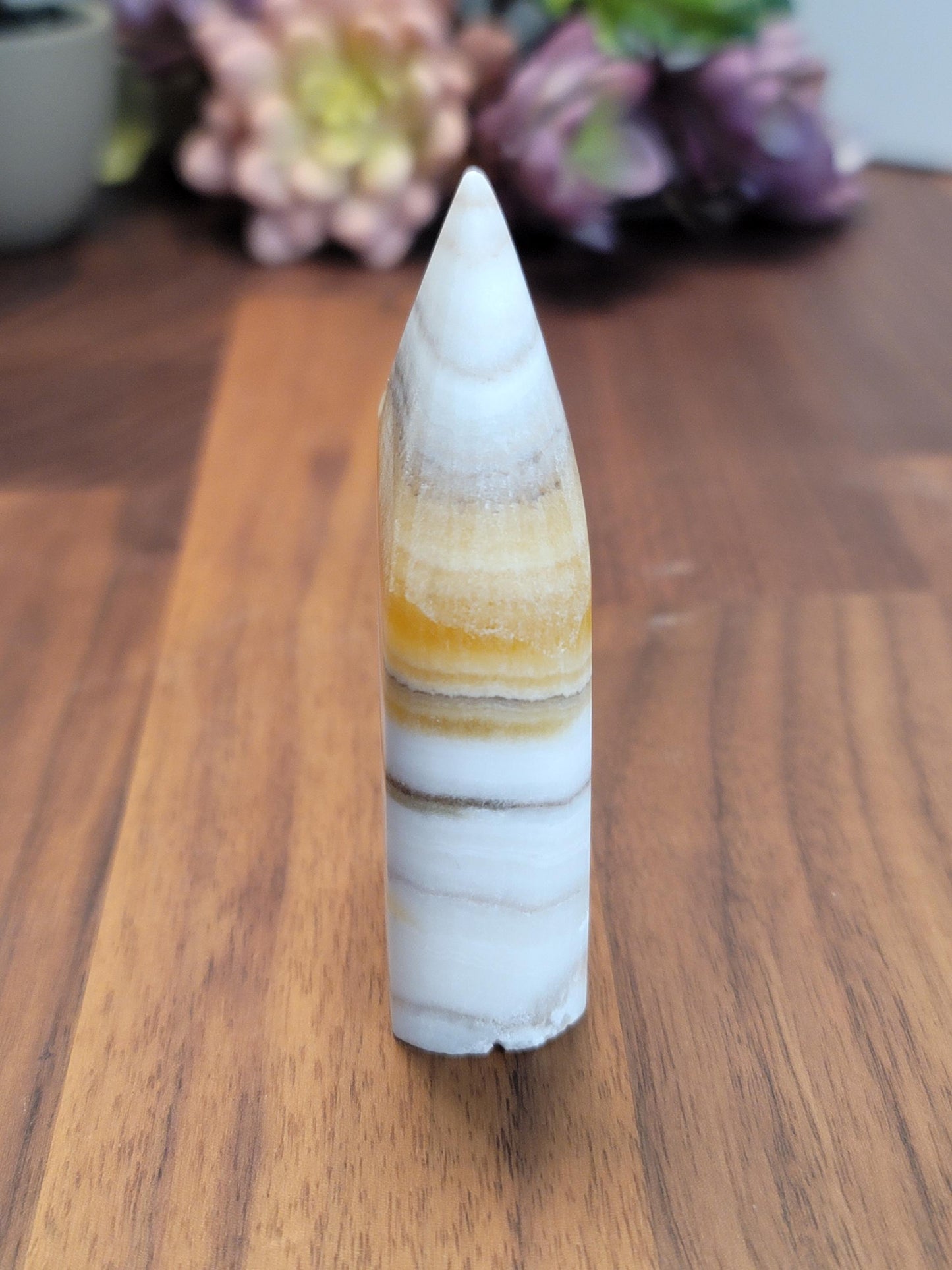 Candy Corn Crystal | Little Luna | Yellow Banded Calcite Freeform | White Banded Flame | 3.25" | Orange Crystal Point | Fall & Winter Decor