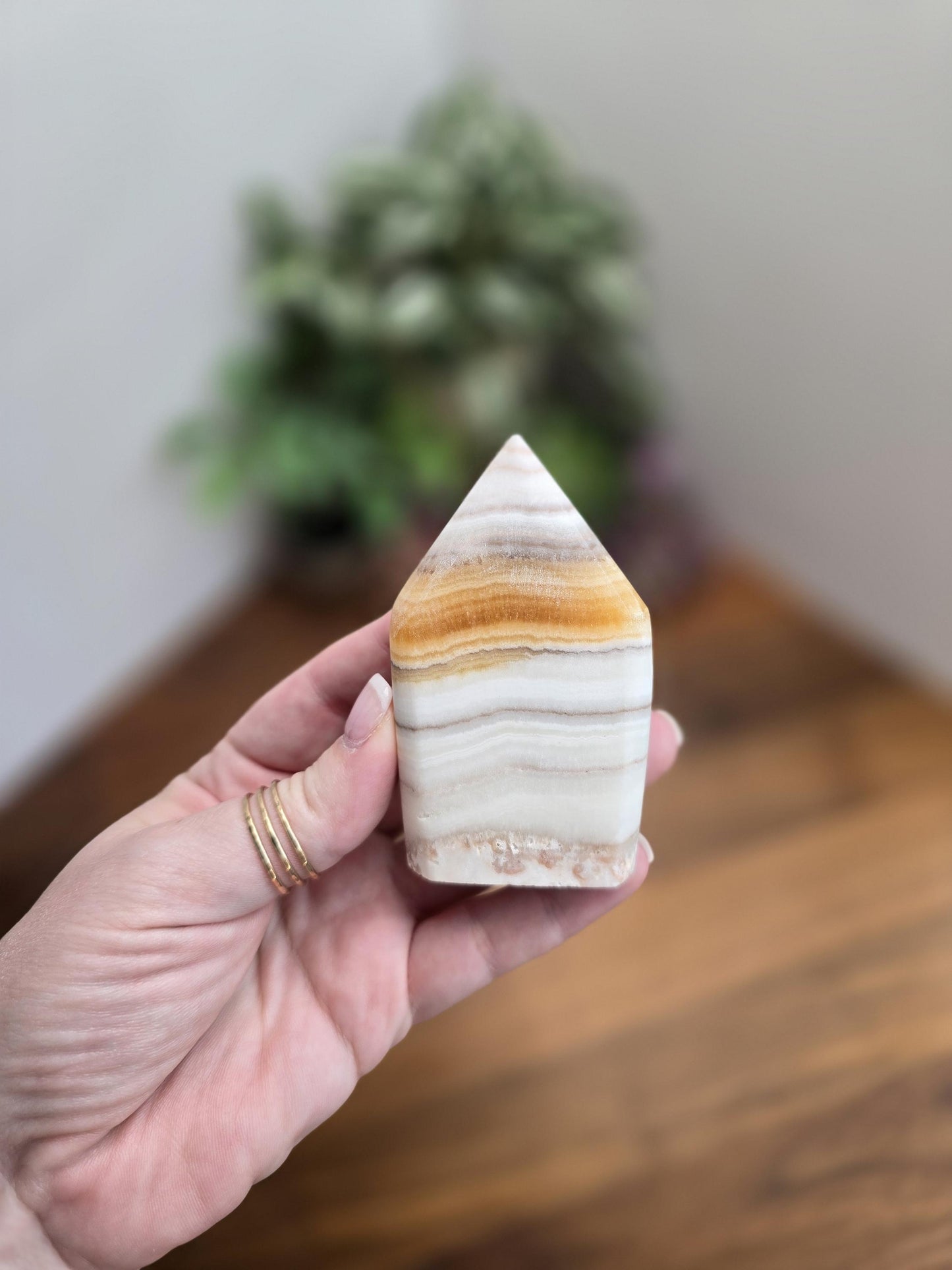 Candy Corn Crystal | Little Luna | Yellow Banded Calcite Freeform | White Banded Flame | 3.25" | Orange Crystal Point | Fall & Winter Decor