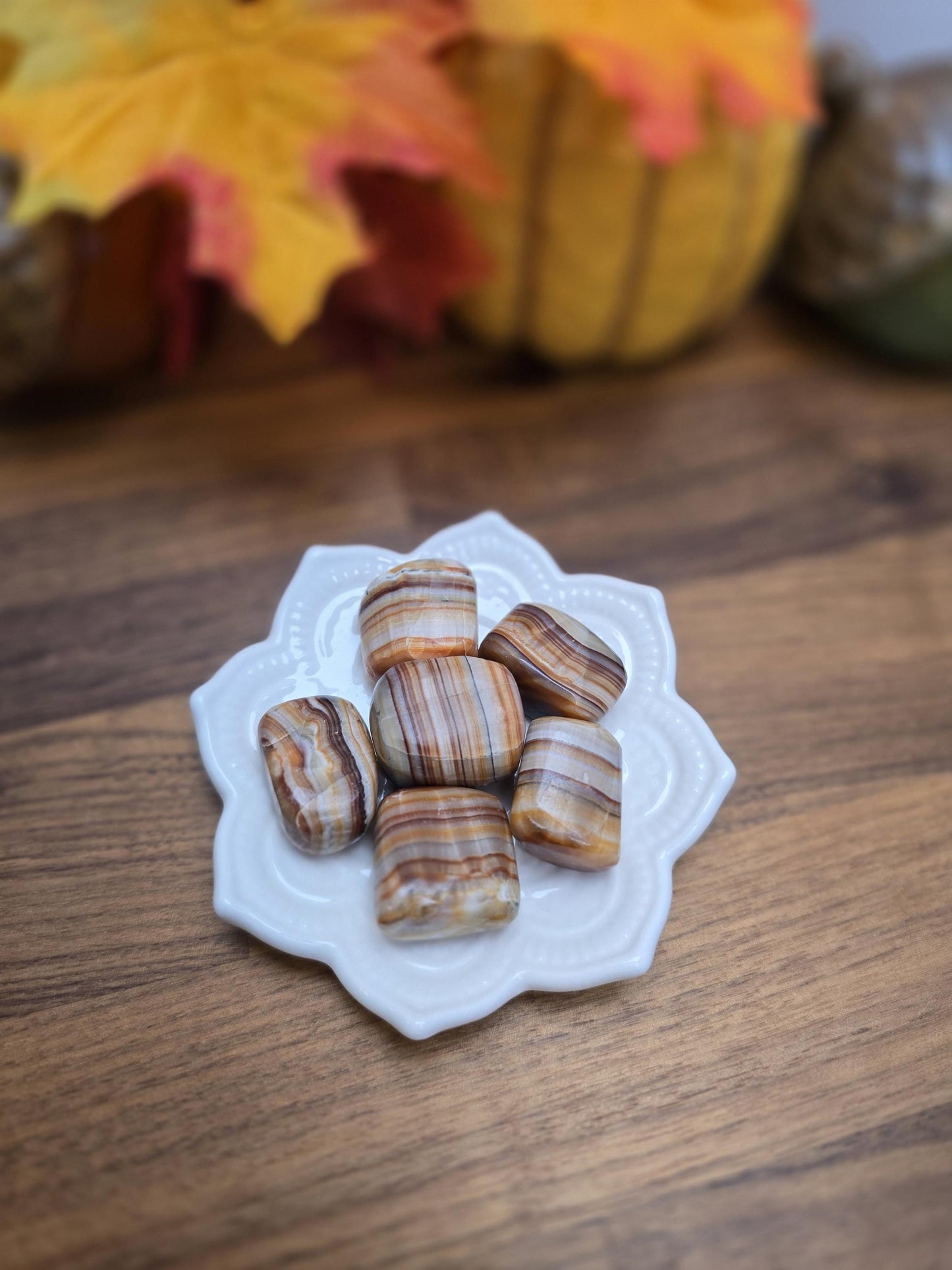 Caramel Brown Aragonite Crystal Tumble | Gorgeous banding in Brown, Red, Cream, Orange and Beige | Like Onyx or Calcite | 70's Mod Vibes!