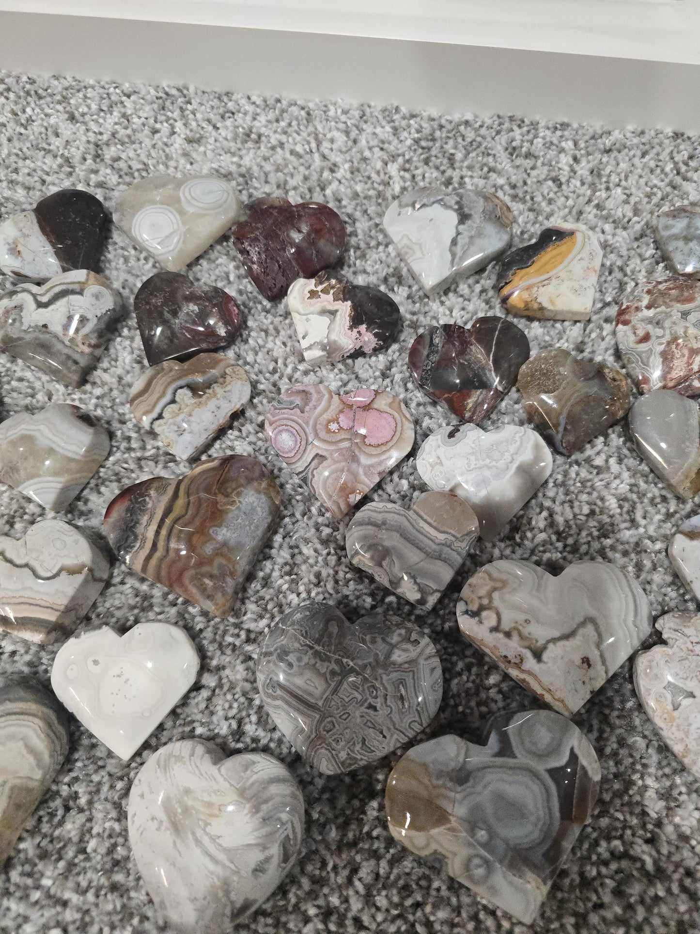 Misfit Moroccan Agate Crystal Heart | Around 1"-2" | Mexico Crazy Lace with colors from gray to pink and bright red, crimson | Imperfect