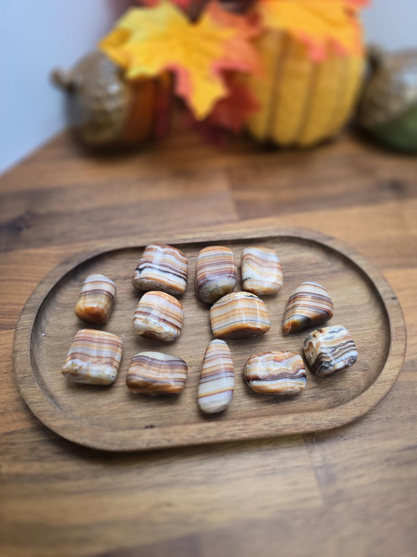 Caramel Brown Aragonite Crystal Tumble | Gorgeous banding in Brown, Red, Cream, Orange and Beige | Like Onyx or Calcite | 70's Mod Vibes!