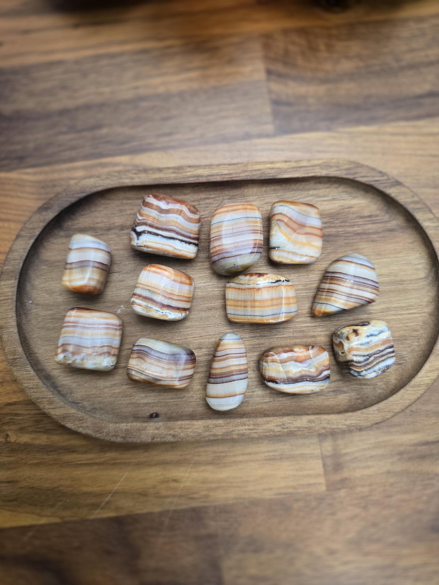 Caramel Brown Aragonite Crystal Tumble | Gorgeous banding in Brown, Red, Cream, Orange and Beige | Like Onyx or Calcite | 70's Mod Vibes!