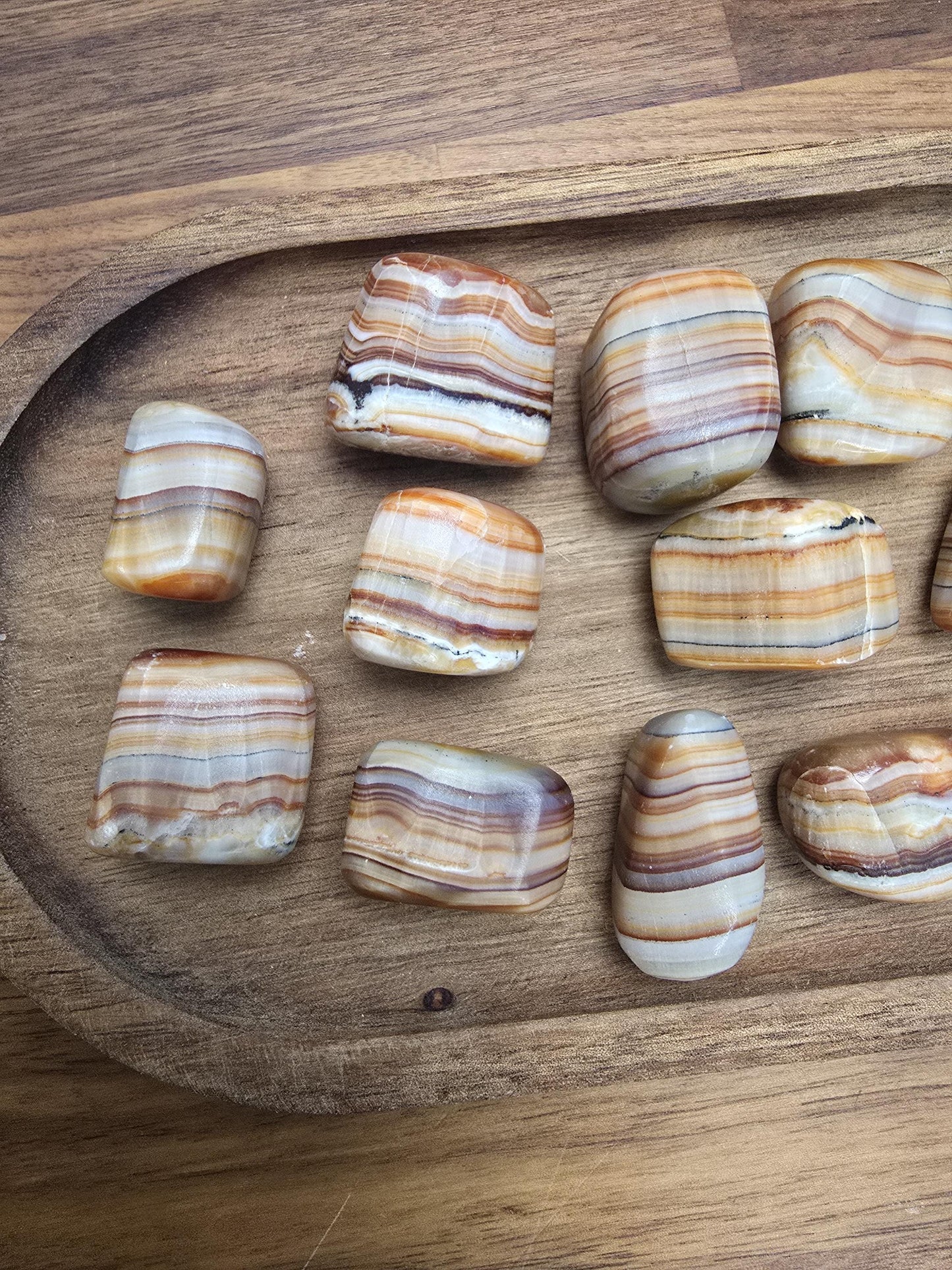 Caramel Brown Aragonite Crystal Tumble | Gorgeous banding in Brown, Red, Cream, Orange and Beige | Like Onyx or Calcite | 70's Mod Vibes!