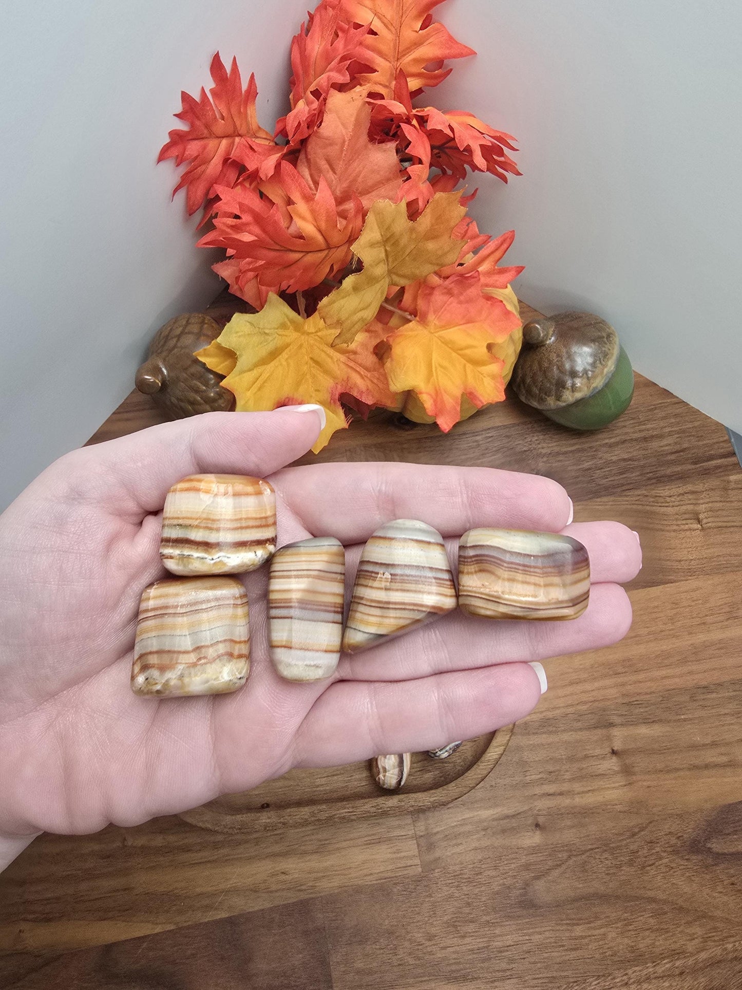 Caramel Brown Aragonite Crystal Tumble | Gorgeous banding in Brown, Red, Cream, Orange and Beige | Like Onyx or Calcite | 70's Mod Vibes!