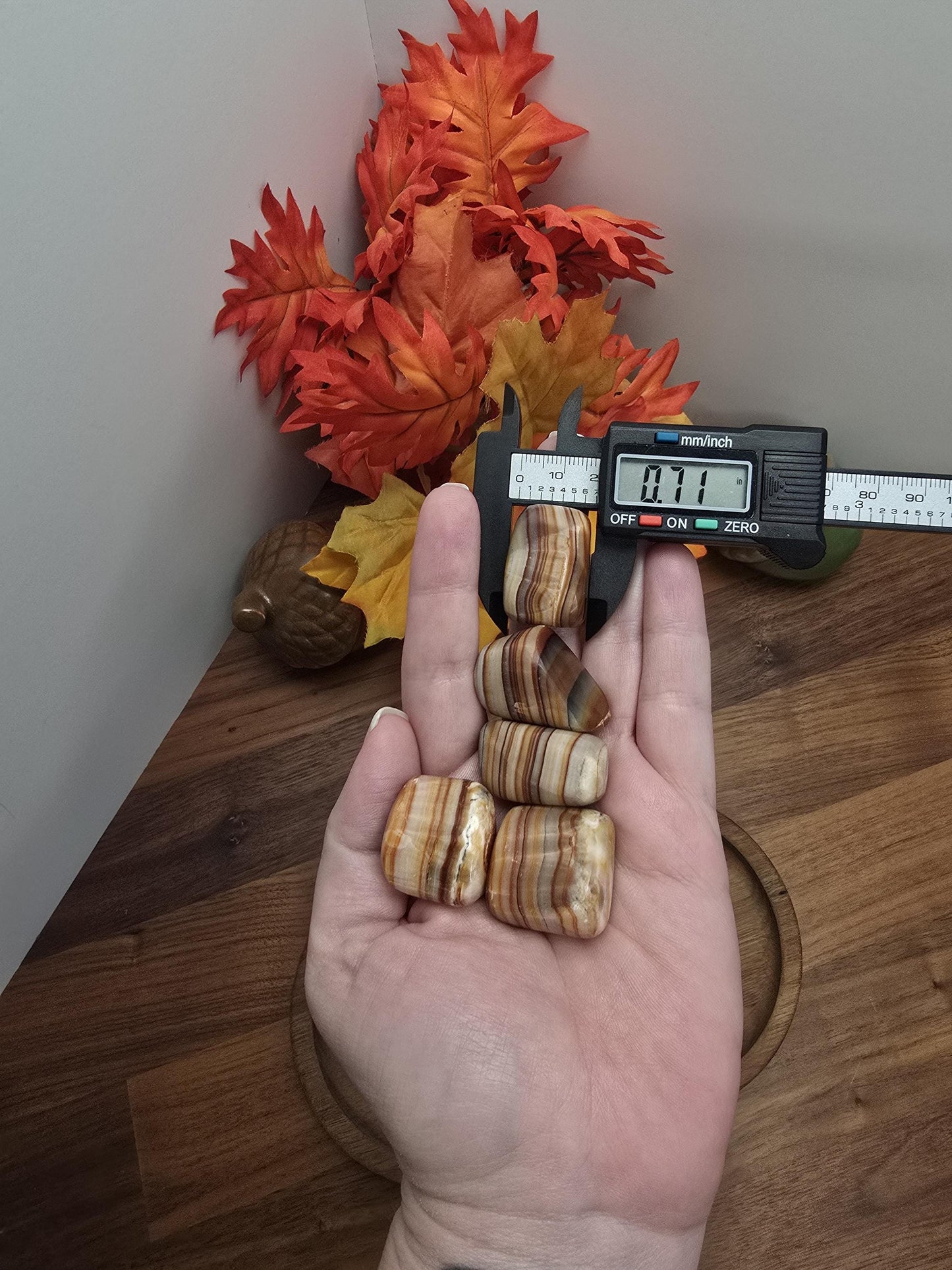 Caramel Brown Aragonite Crystal Tumble | Gorgeous banding in Brown, Red, Cream, Orange and Beige | Like Onyx or Calcite | 70's Mod Vibes!