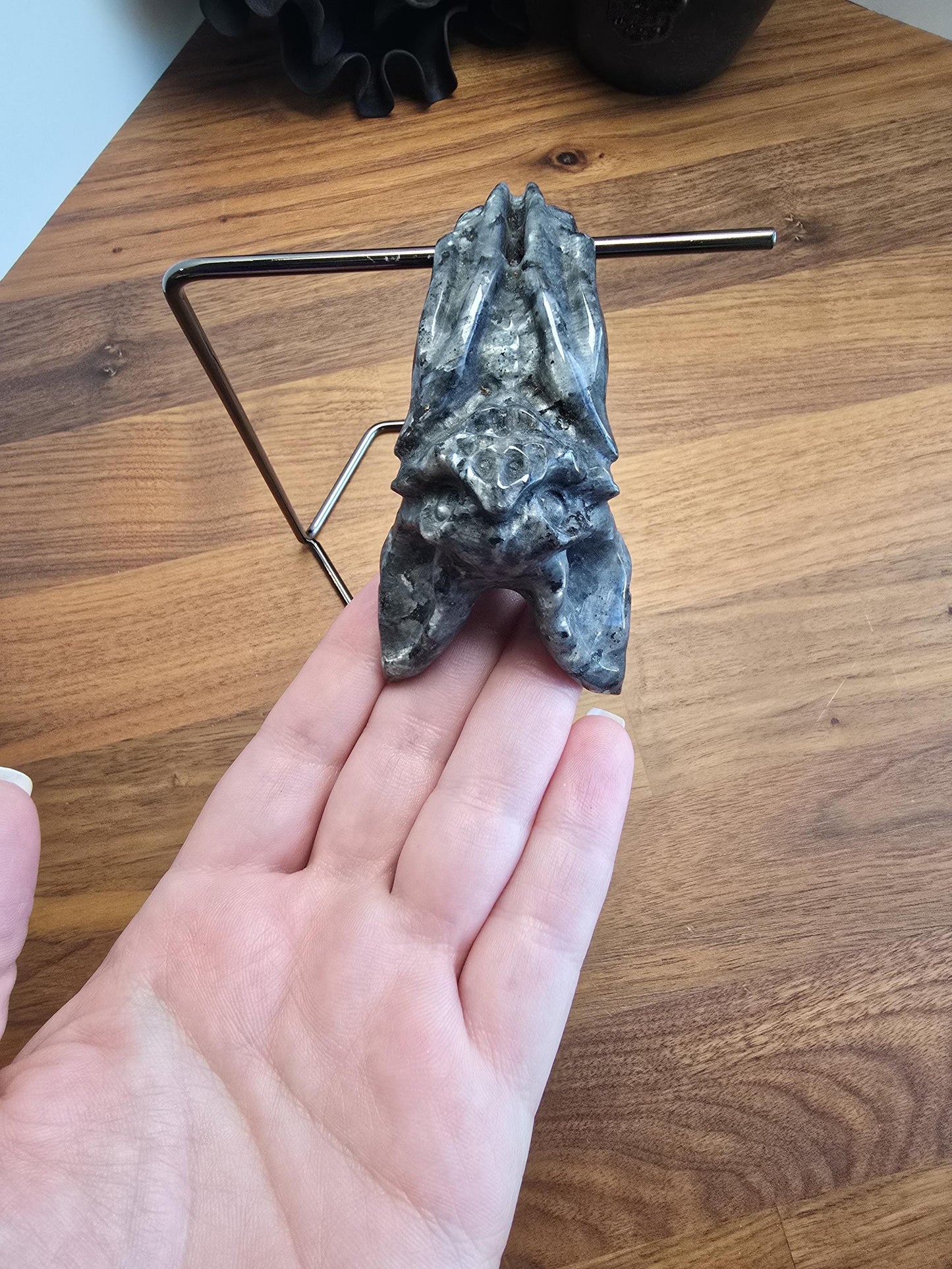 Larvakite Crystal Bat | Big Chiroptera | Hanging upside from a fun stand | 3.2" | Black, Gray with Silver Blue Flashes | Halloween Decor