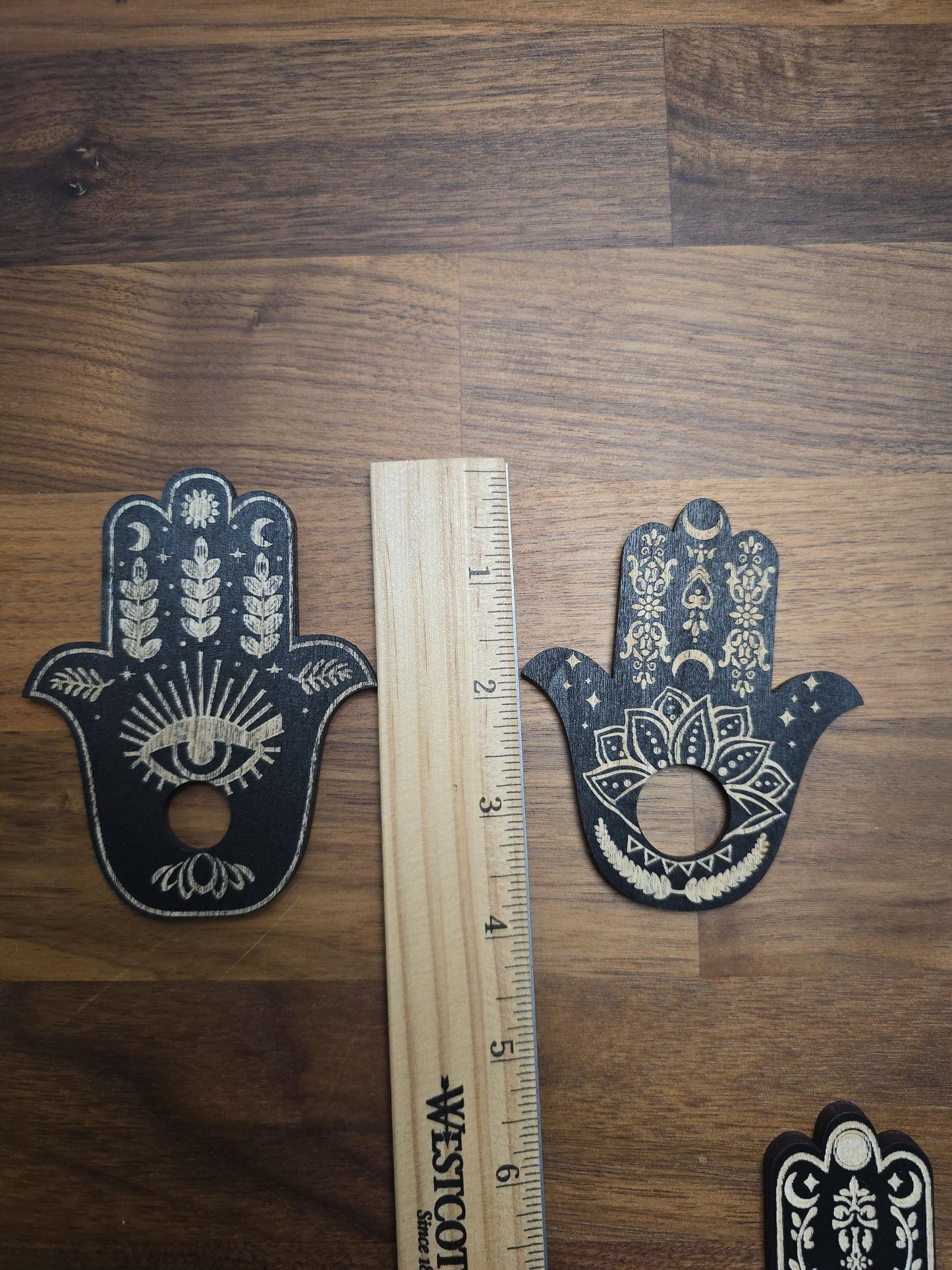 Hamsa Hand Sphere Stand | Black Etched Wood with Flowers & Moons like Henna | Sun, Lotus, Evil Eye Crystal Ball Holder | Flat Wooden Display