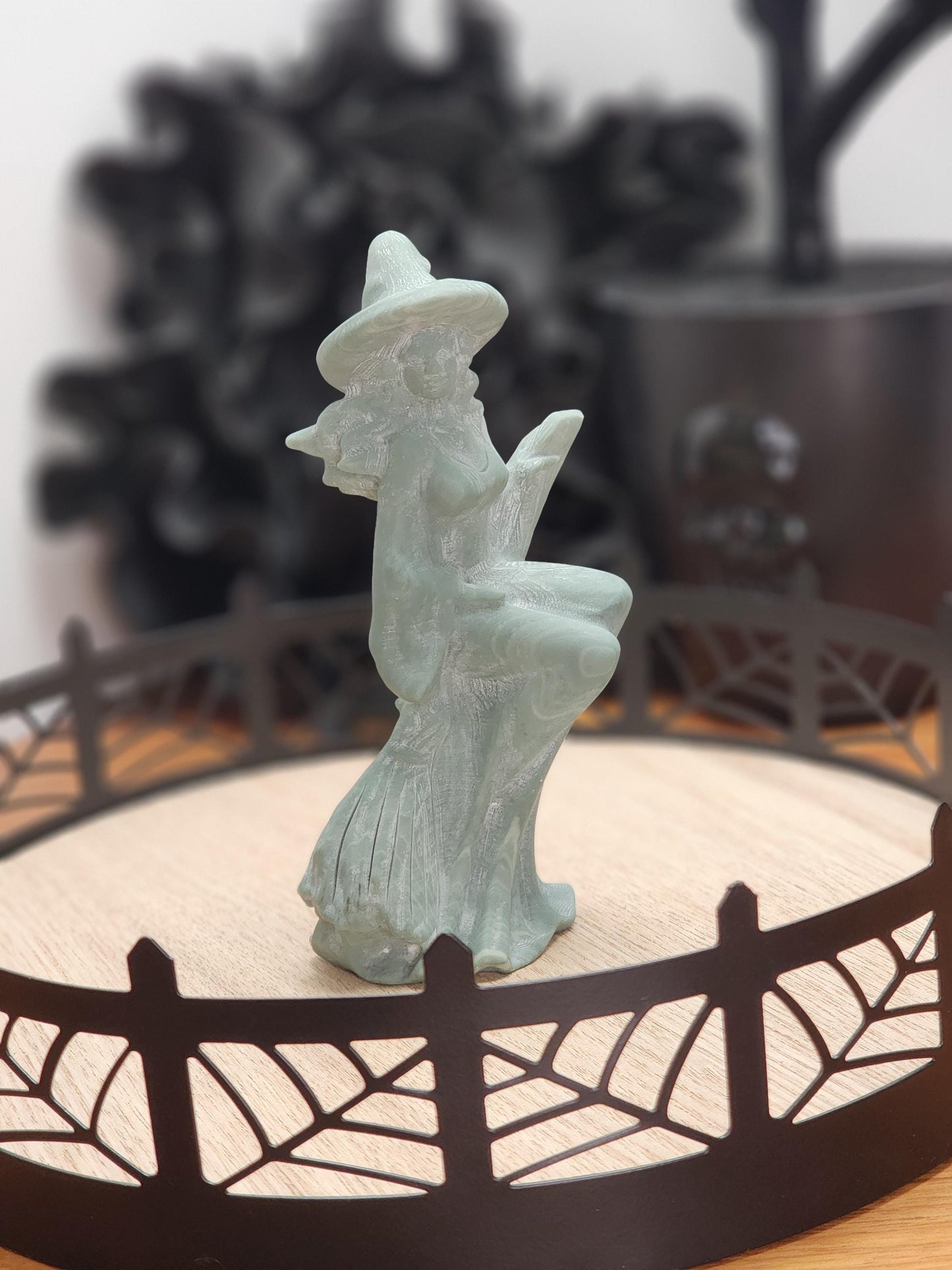Lushan Jade Green Witch | 4.5" Detailed Crystal Carving of earthy woman sitting on her broom complete with pointy hat! | Gifts for Witches!