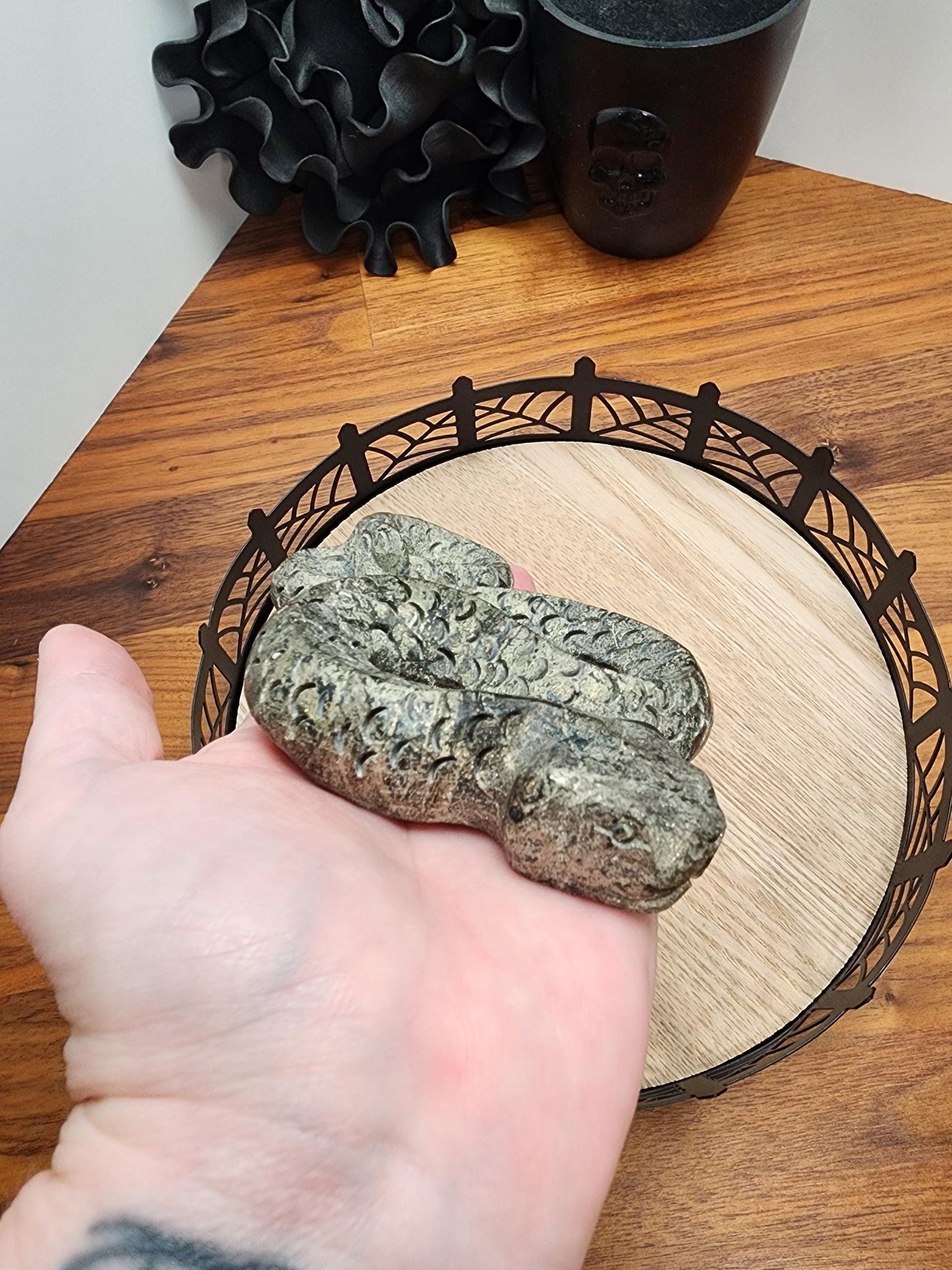 Crystal Pyrite Snake | 4.5" Serpent Carving | Fools Gold Basilisk Figurine for Spooky Season or Halloween | Python Altar Decoration