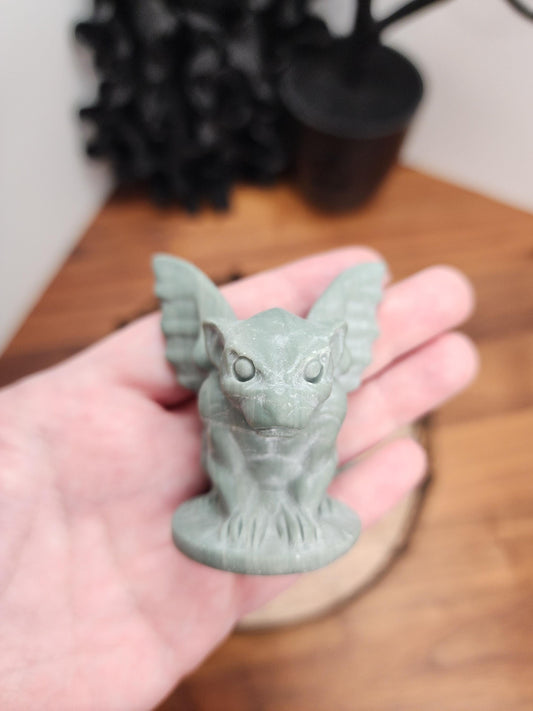 Sage Green Jade Gargoyle: Hand Carved Lushan Crystal Figurine