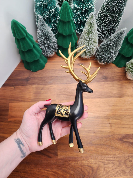 Black Deer Crystal Sphere Stand Set: Gold Antler Winter Decor