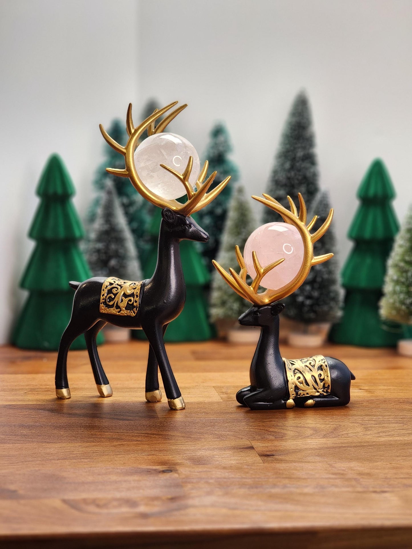 Black Deer Crystal Sphere Stand Set | Classy Christmas & Winter Decor | 8" Mama and 5.5" Baby | Stag Gold Antlers | Husband and wife gift