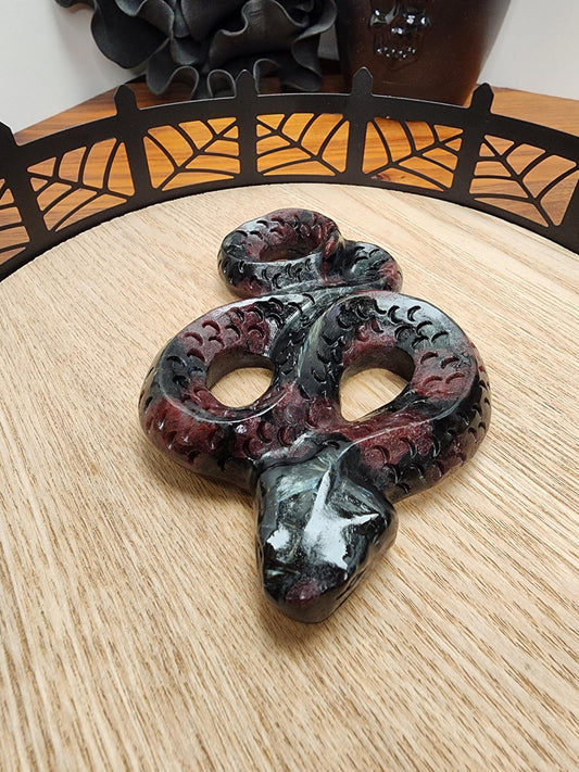 Fireworks Garnet Snake | 4.5" Crystal Serpent | Ruby Red embedded in Black Astrophyllite with blue flash for Spooky Season | Lunar New Year