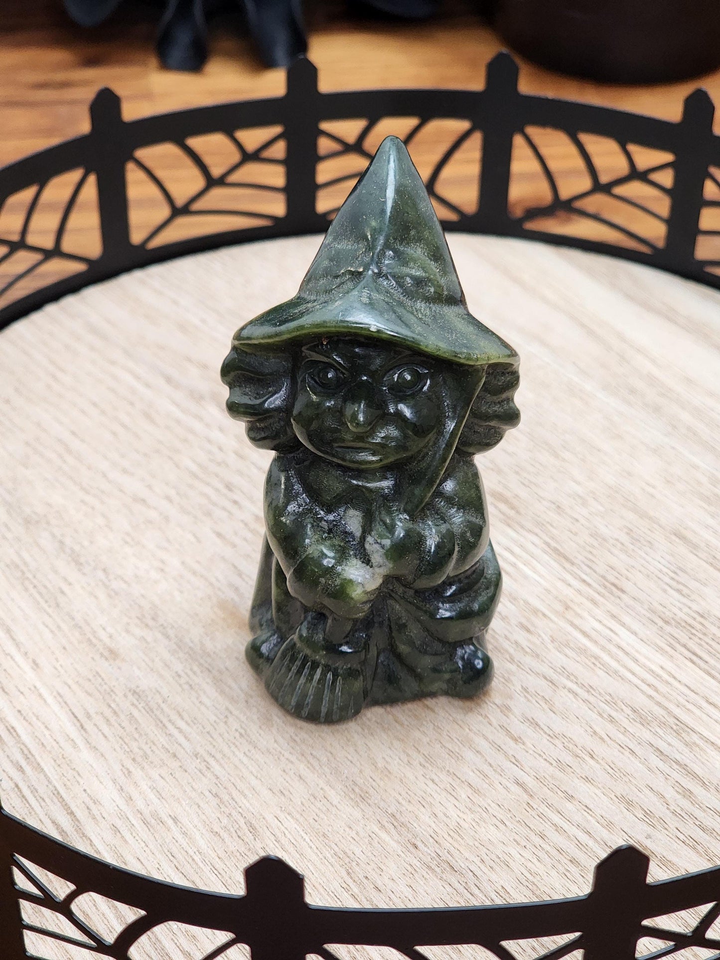 Green Jade Witch Carving: 3" Crystal Figurine with Broom