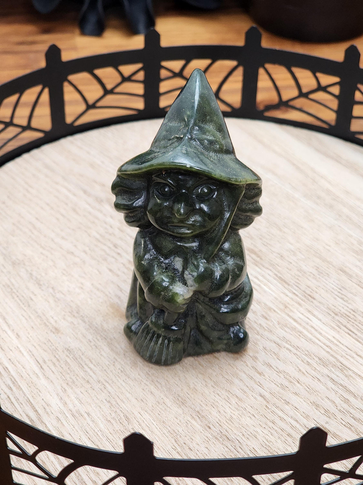 Green Jade Witch Carving: 3" Crystal Figurine with Broom