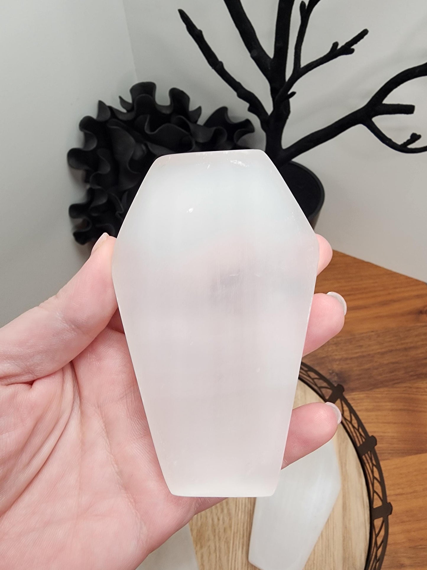 Selenite Coffin Ring Dish: Satin Spar Crystal Charging Plate