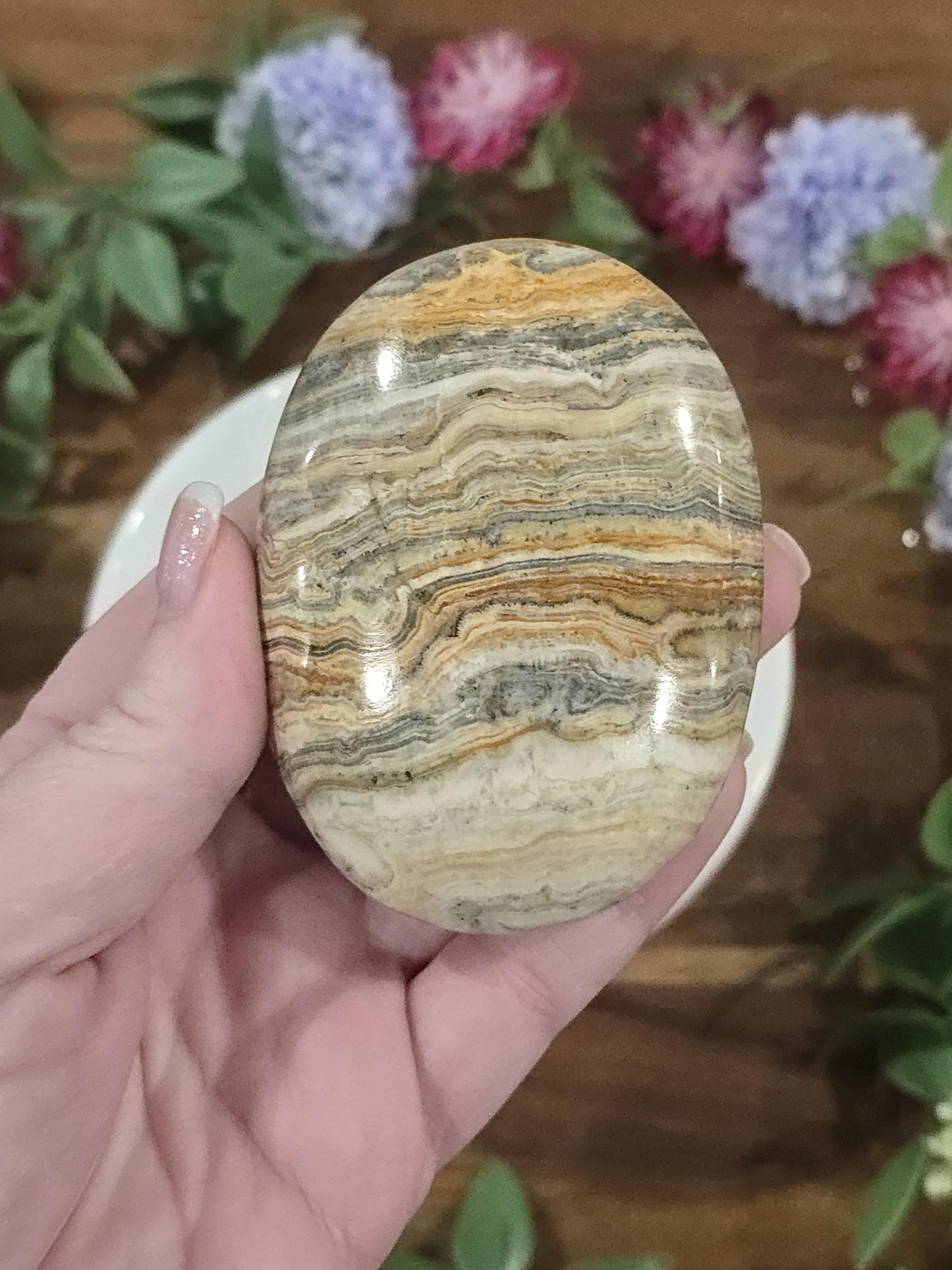 Yellow Aragonite | Large Crystal Palmstones | Banded Gray Calcite Palms | Desk Ornament Home Decor for Office Gifts or Unique Paperweight