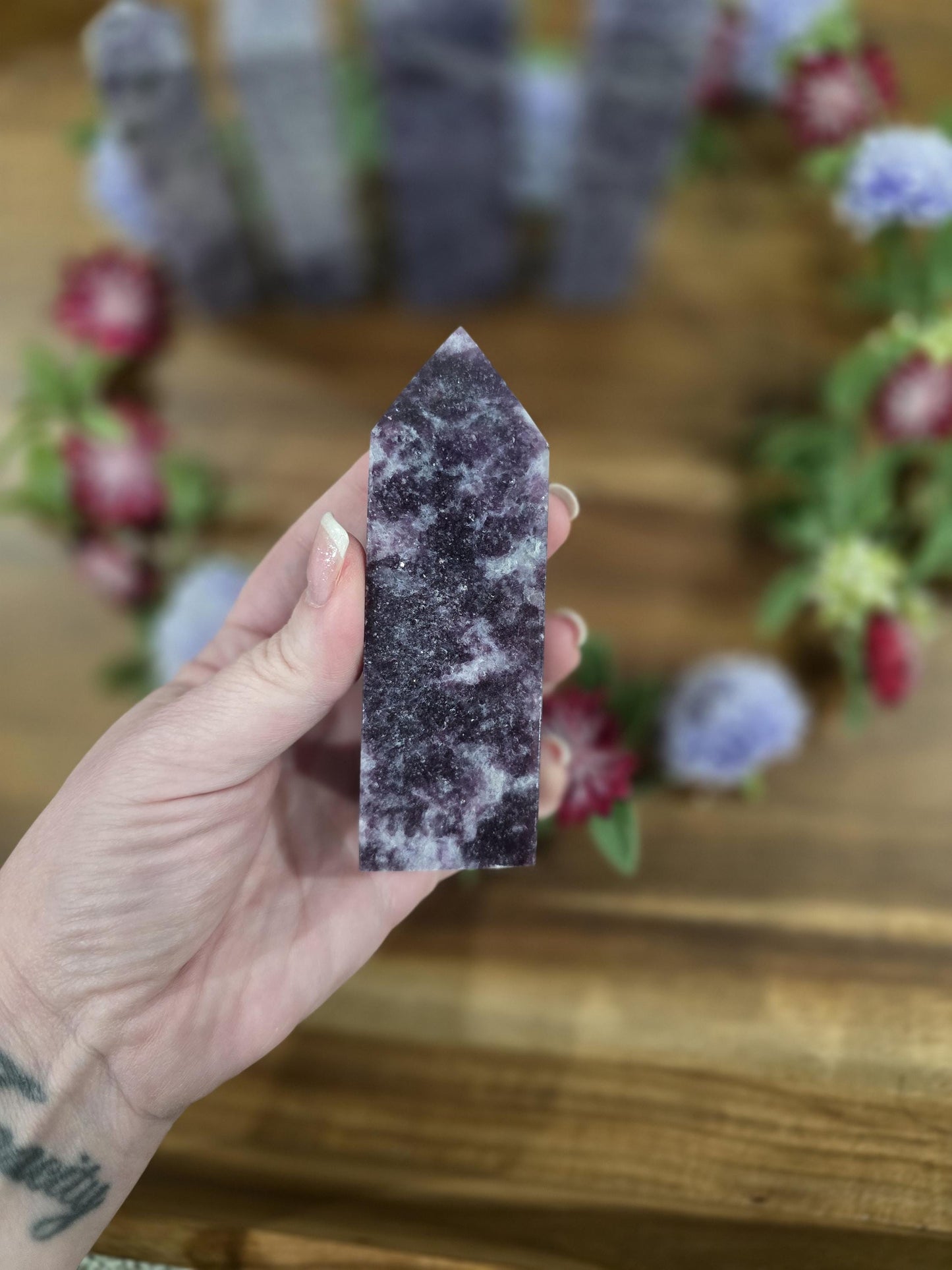 Lepidolite Crystal Towers | Purple Mica | Unique Hand Carved Purple Decor Pieces with Sparkle | Pretty Spring Home Decor in Lilac Lavender
