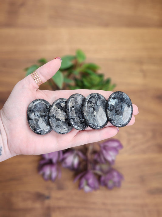 Larvikite Crystal Worry Stone: Silver Gray with Blue Flash