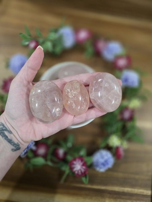 Rainbow Rose Quartz Palmstone: Hand Carved Pink Crystal Fidget