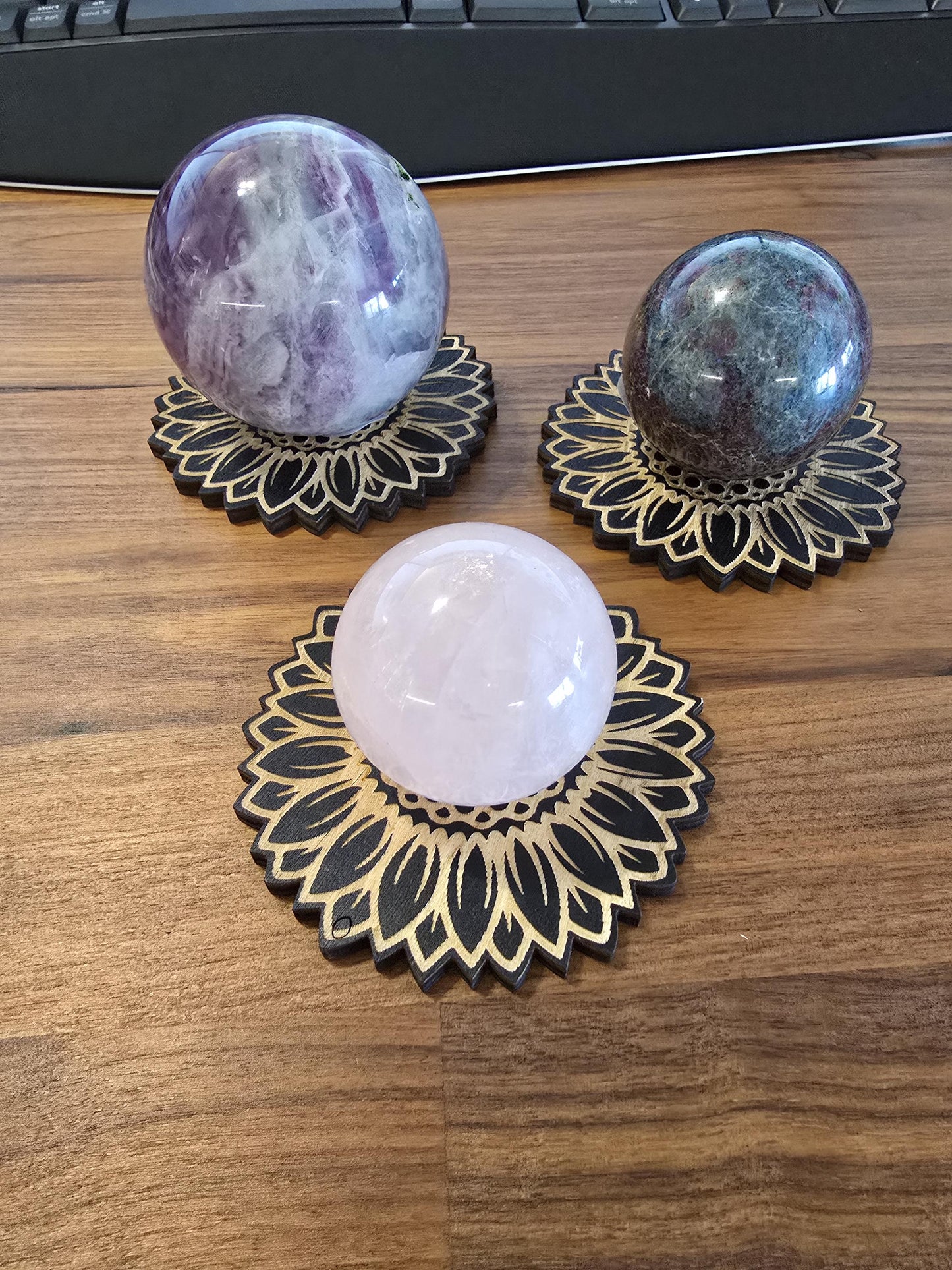 Black Sunflower Sphere Stand "Autumn" | 4" Black Etched Wood Holder for Crystal Balls | Flat 2D Display | Fall & Summer Farmhouse Home Decor