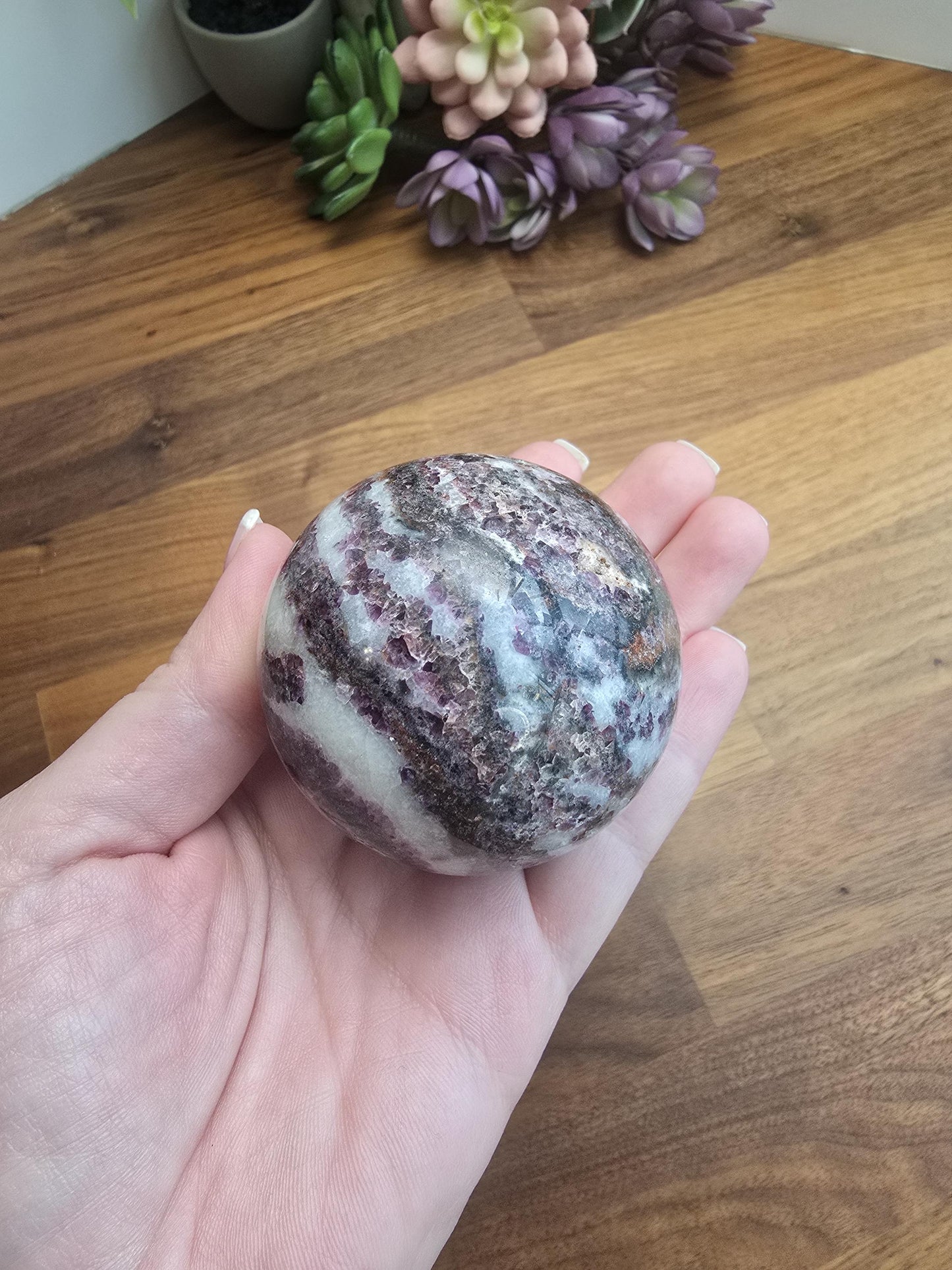 Zebra Fluorite Crystal Sphere | A | 57 MM 2.25 Inches | Pink Purple and White | One of a Kind