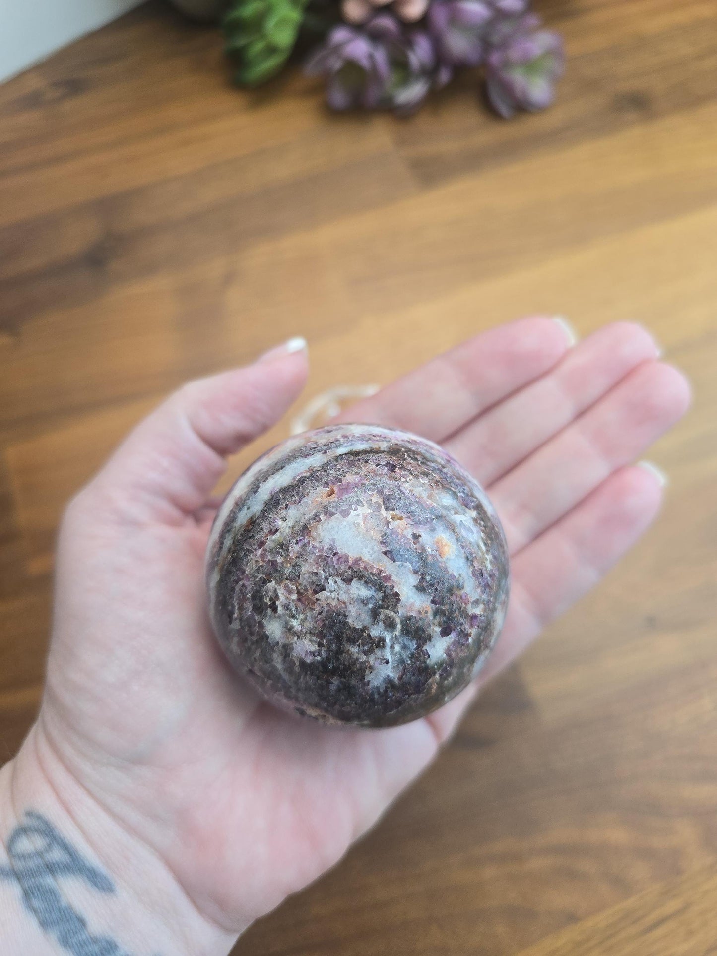 Zebra Fluorite Crystal Sphere | A | 57 MM 2.25 Inches | Pink Purple and White | One of a Kind