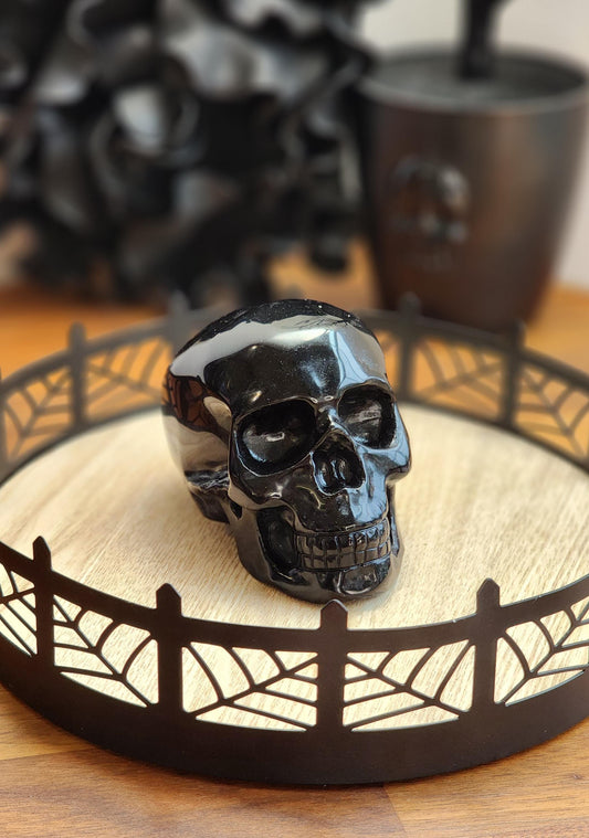 Big Black Obsidian Skull | 4" Glossy Crystal Carving, Halloween, Spooky Season Decor or Witchy Altar | Edgar Allen Poe Core Dark Goth Gift