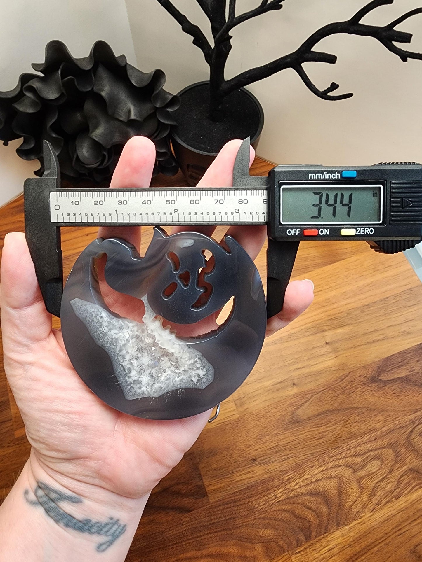 Druzy Moon & Halloween Pumpkin (Jack Black the Jack-O-Lantern) | Gray Spooky Season Decoration on Silver Stand | 3" - 6" Unique Display