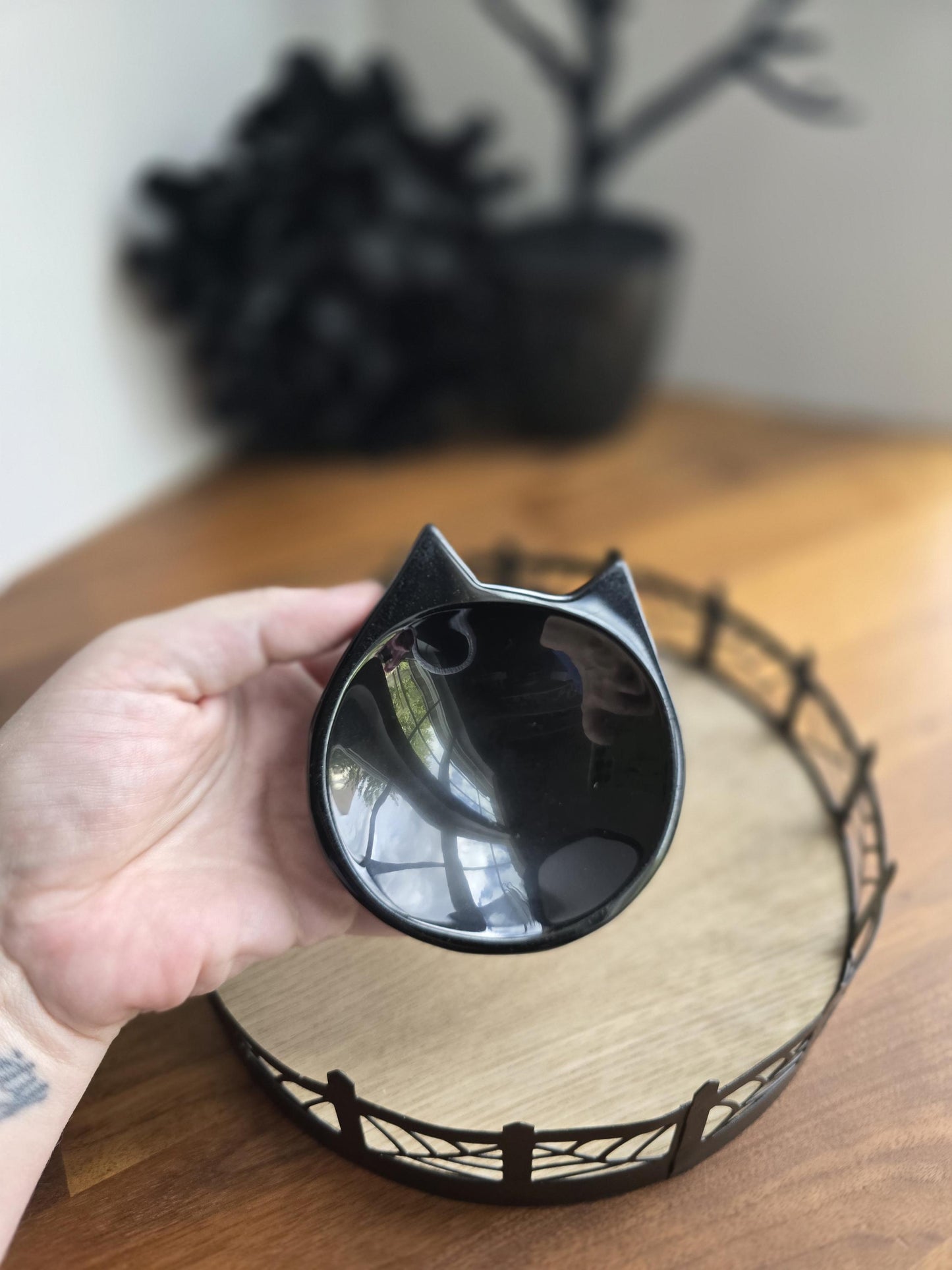 Black Obsidian Cat Bowl | Crystal Jewelry Dish Ring Holder | Gothic Halloween Spooky Season Decor Gift for Cat Lovers