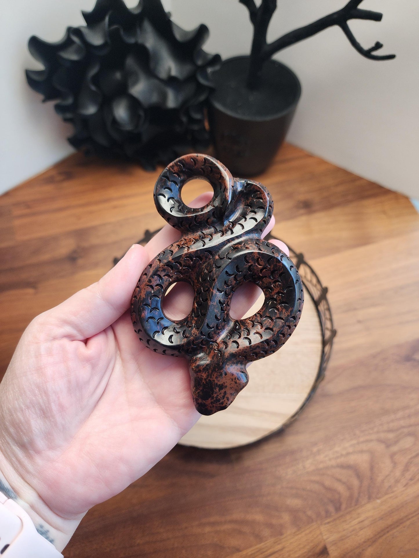 Mahogany Jasper Snake | Coiled Crystal Serpent, Life-like 3D Figurine in Red Obsidian for Nature Lover or Spooky Season Decor Halloween, Big