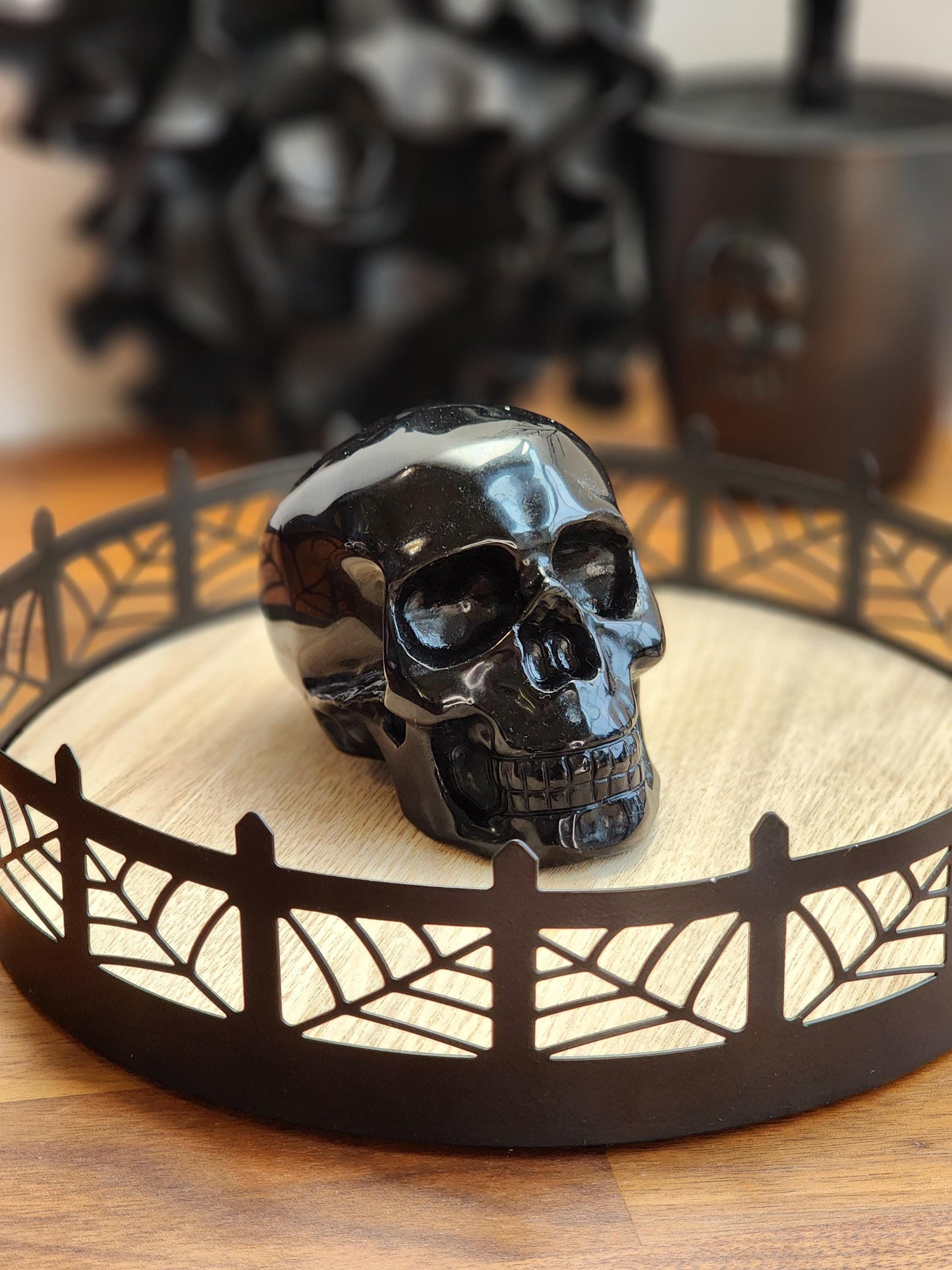 Big Black Obsidian Skull | 4" Glossy Crystal Carving, Halloween, Spooky Season Decor or Witchy Altar | Edgar Allen Poe Core Dark Goth Gift