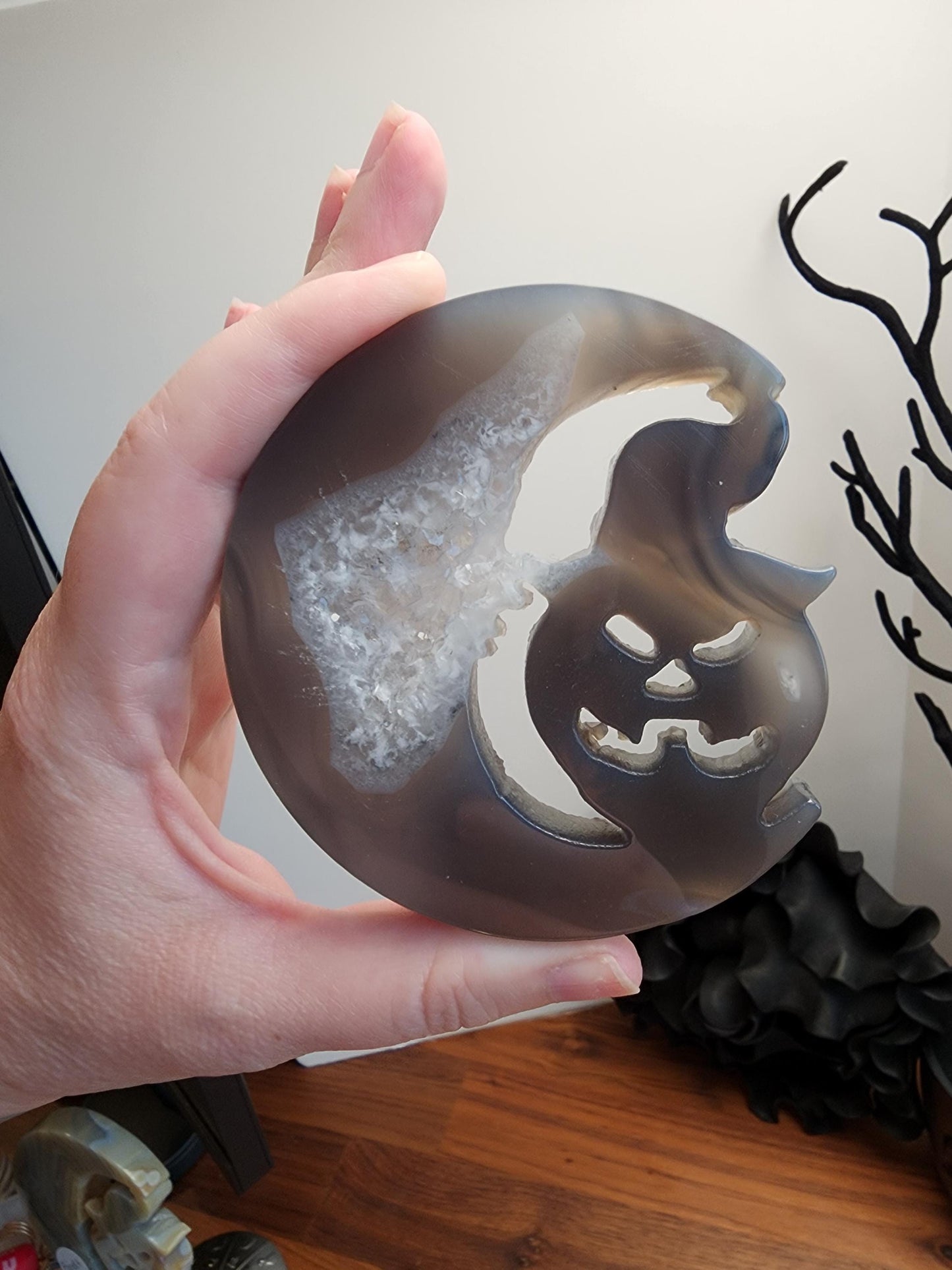 Druzy Moon & Halloween Pumpkin (Jack Black the Jack-O-Lantern) | Gray Spooky Season Decoration on Silver Stand | 3" - 6" Unique Display