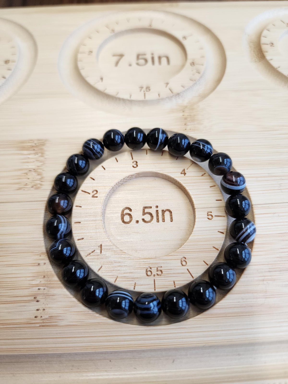 Black Banded Agate Bracelet: 8MM Sardonyx Crystal Beads | White & Coffee Brown Striped Patterns | Beautiful Swirl Patterns | Unique Gift