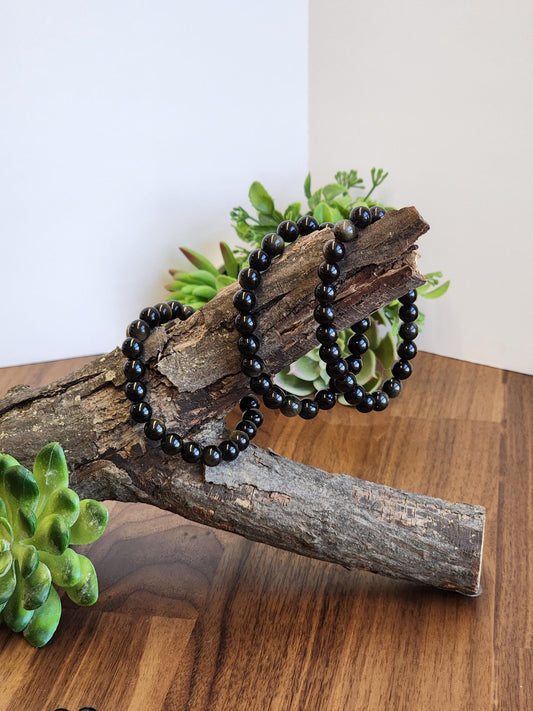 Gold Sheen Obsidian Bracelet: 8MM Natural Black Crystal Beads with Golden Chatoyant Effect