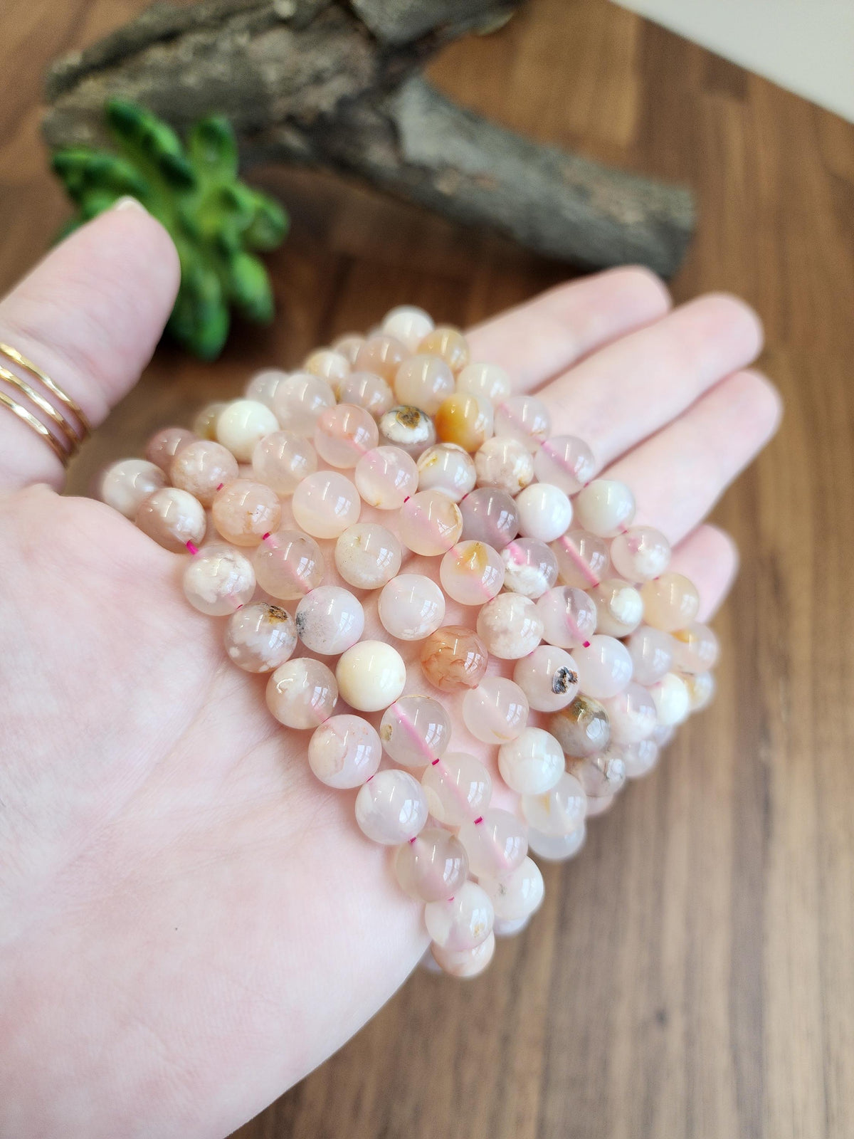 Flower Agate Bracelet: 8MM Crystal beads in peachy pink hues with Blossom Inclusions | Spring or Easter | Summer Garden Outfit Idea