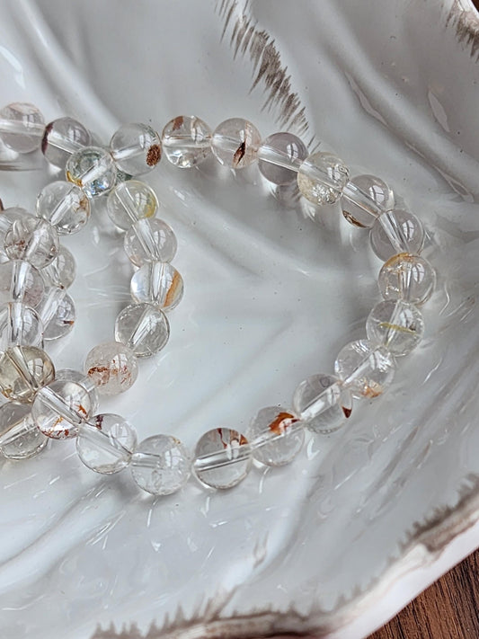 Clear Garden Quartz Bracelet: 8MM Natural Crystal Beads | Gemstones with Subtle Brown, Tan and Green Garden Inclusions