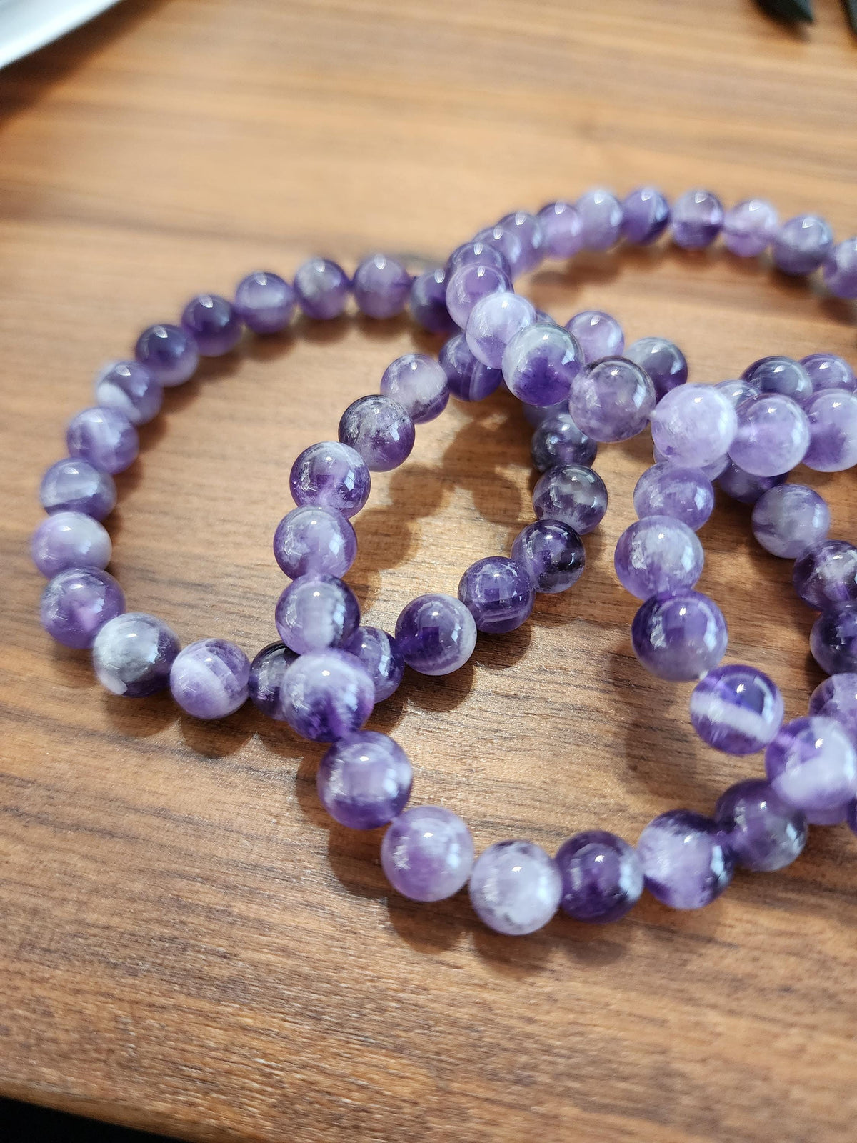 Dream Amethyst Bracelet: 8MM Natural Purple Crystal Beads, Some with Chevron Mountain | Dainty for smaller 6" wrist | Lilac Clear Quartz