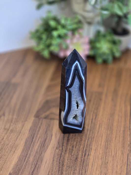 New - Black Banded Agate Tower "C" | Double White Druzy Quartz Sides | Crystal Focus for Desk, Office or Study | Art Deco 1920's Home Decor
