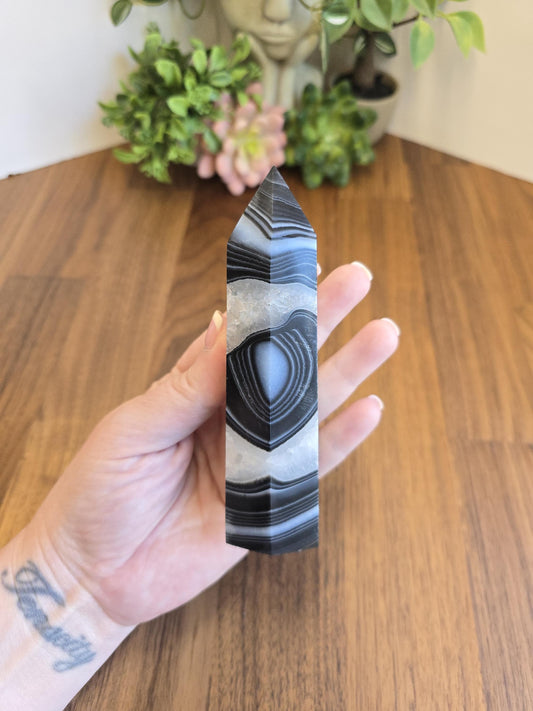 New - Black Banded Agate Tower "B" | Crystal Decor for Meditation or Reiki Shelf Display | White Druzy | Natural Witchy Blue Eye | Art Deco