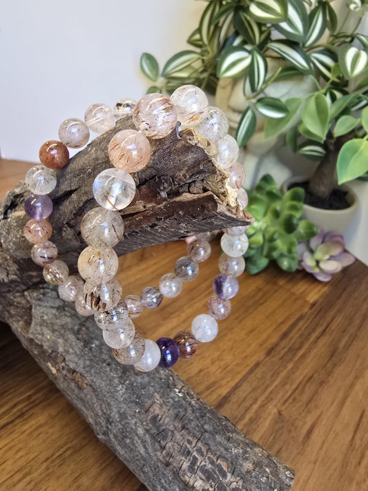 Inv - Copper Rutile Crystal Bracelet | 8MM Rare Mix of Red Fire Quartz, Purple Amethyst and Sparkling Golden Routile Strands | Unique Gift