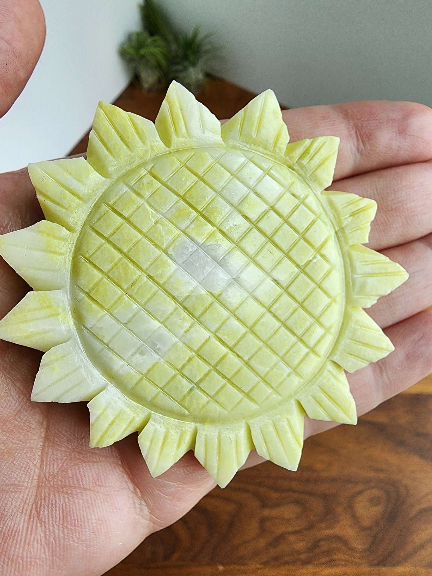 Lemon Serpetine Sunflower | Flat Laying | Happy Sunny Summer Crystals | 3D Carving | Green Yellow Crystal | Intuitively Chosen