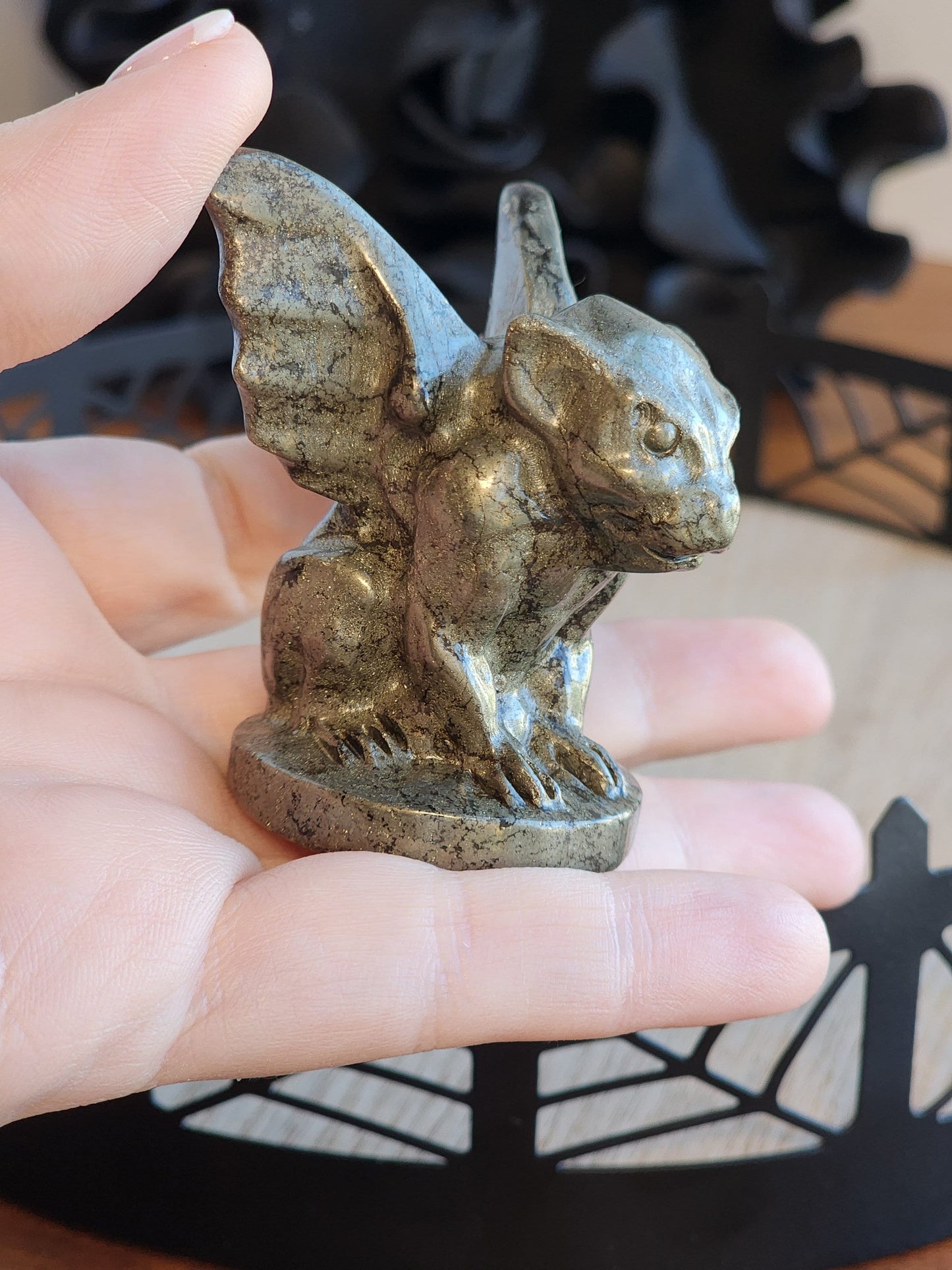 Pyrite Gargoyle | Halloween Carvings | Fools Gold | Ornamental Gothic Decor | Protection Crystal | Spooky Season | Intuitively Chosen