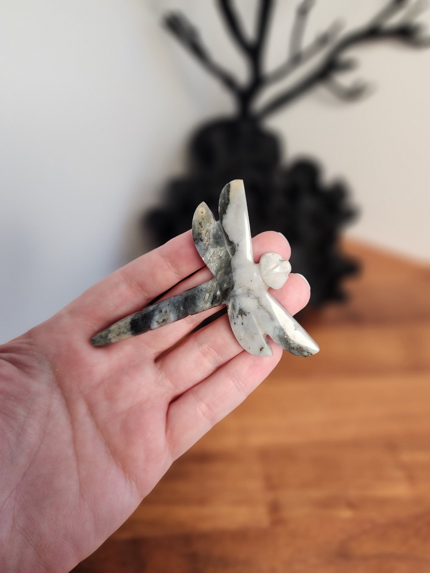 Crystal Dragonfly | Pyrite in Quartz | Gray, White, Black Carving | Halloween Crystals | Gothcore | Spooky Season | Only 1 Available