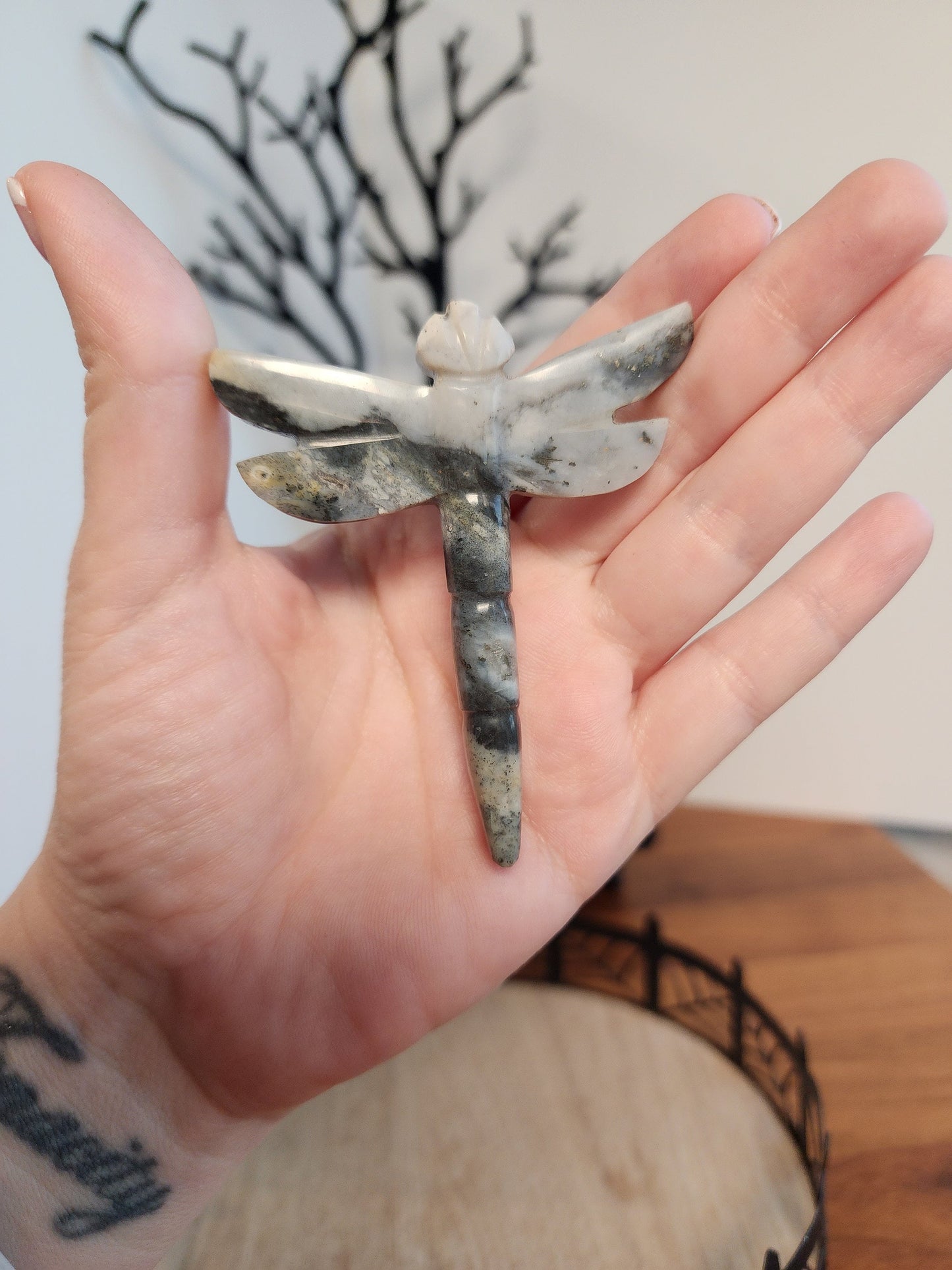 Crystal Dragonfly | Pyrite in Quartz | Gray, White, Black Carving | Halloween Crystals | Gothcore | Spooky Season | Only 1 Available