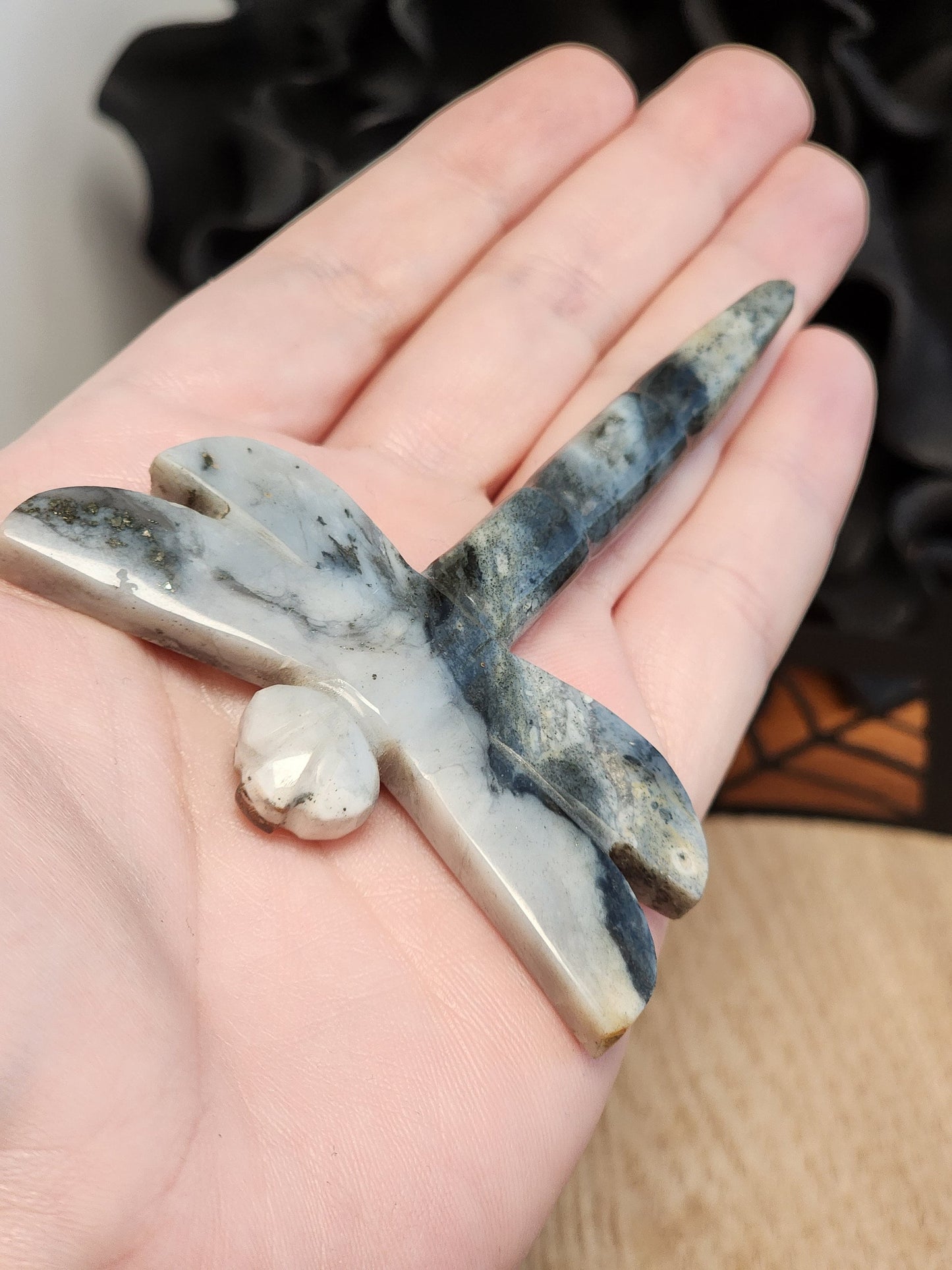 Crystal Dragonfly | Pyrite in Quartz | Gray, White, Black Carving | Halloween Crystals | Gothcore | Spooky Season | Only 1 Available